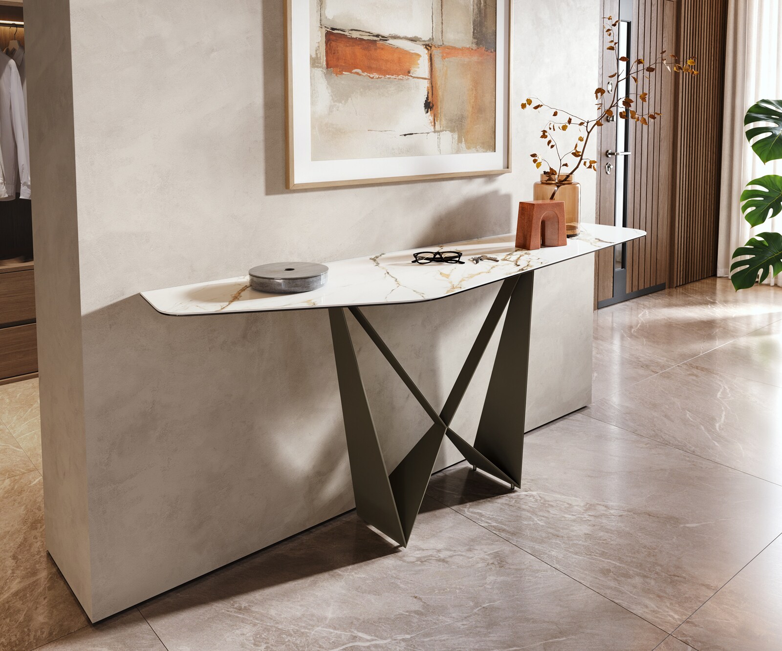 Consoletafel Edge Polygonaal 180x50 cm Keramiek Calacatta Luxe Weiß-Gold-Grijs Spios Metaal Effektfinish Titan 1
