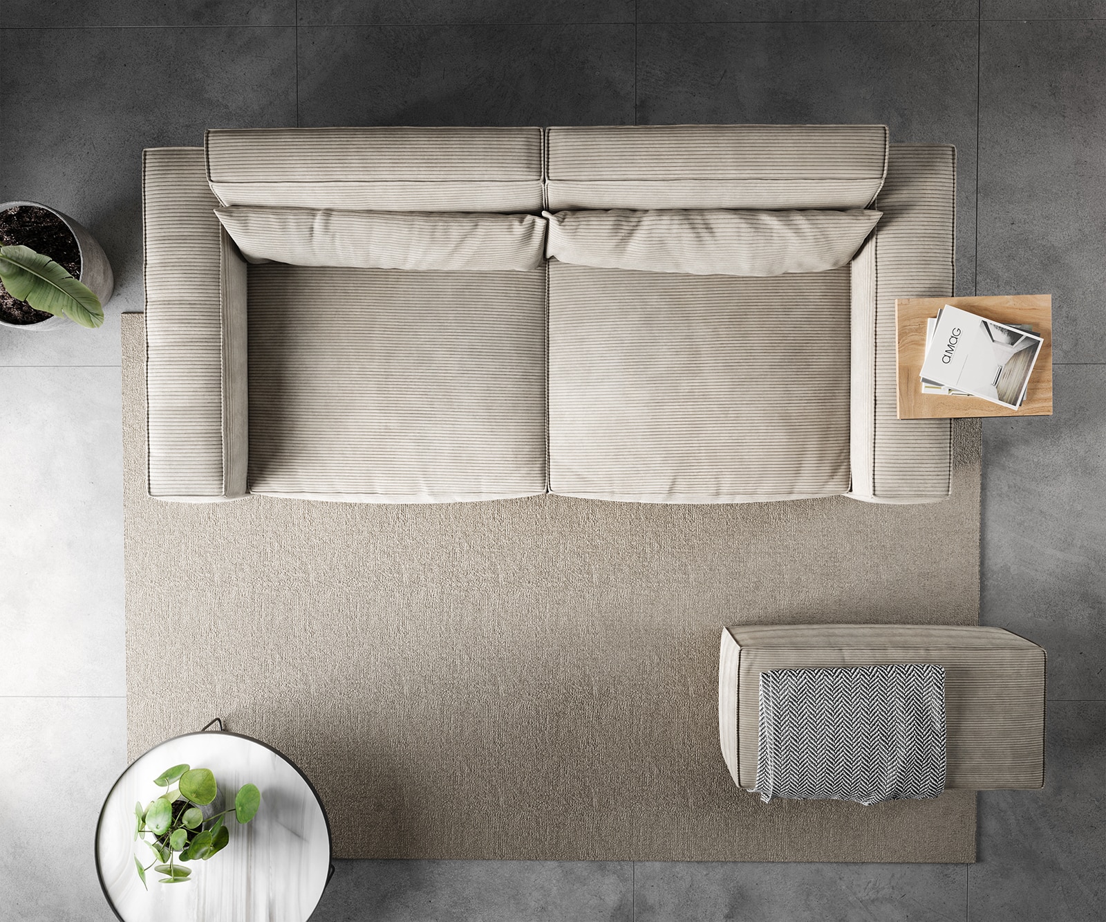 Grote bank Sirpio 230x90 cm koorduroy beige met kruk 5