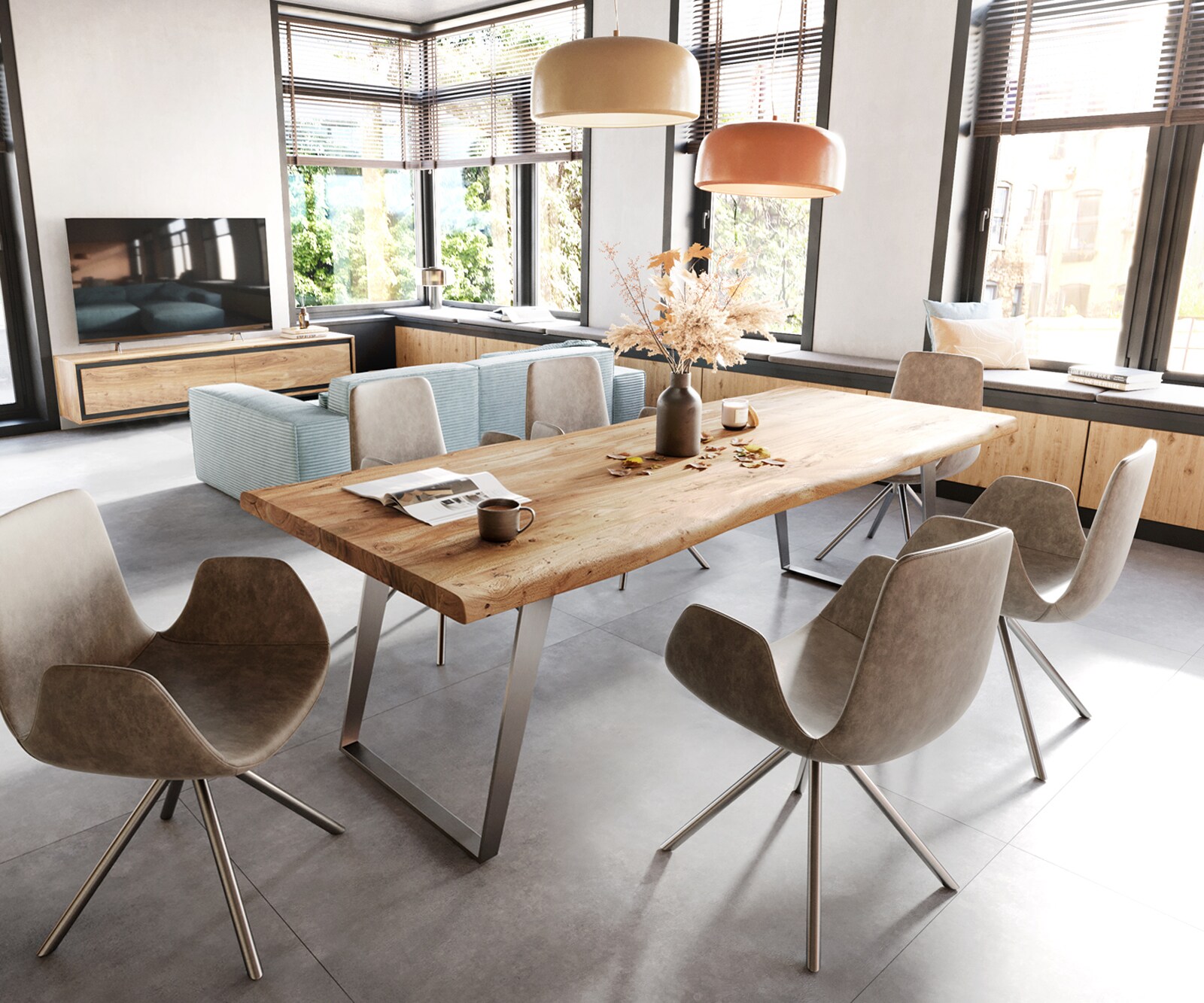 Eettafel Edge 280x100 XL acacia natuur roestvrij staal  schuin Live-Edge 6