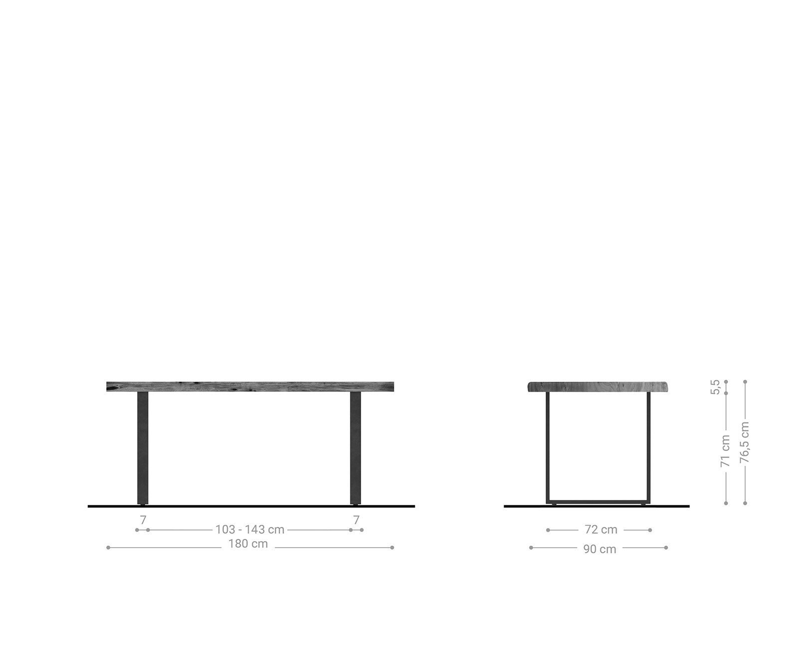 Eettafel Edge 180x90 XL acacia natuur skidframe zwart Live-Edge 5