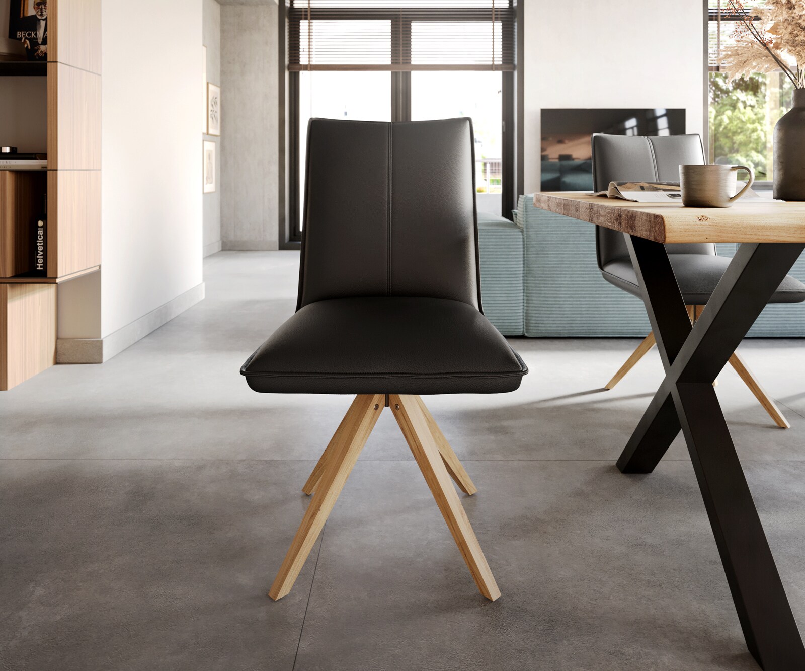 Eetkamerstoel Lelio-Flex echt leer zwart houten frame hoekig natuur 360° draaibaar pocketveer kern 1