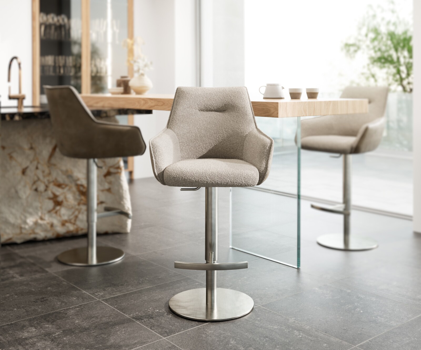 Barstoel Alja-Flex materiaalmix microvezel modder / bouclé modder draaivoet in hoogte verstelbaar RVS draaibaar pocketvering 3 Barstoel Alja-Flex materiaalmix microvezel modder / bouclé modder draaivoet in hoogte verstelbaar RVS draaibaar pocketvering 3