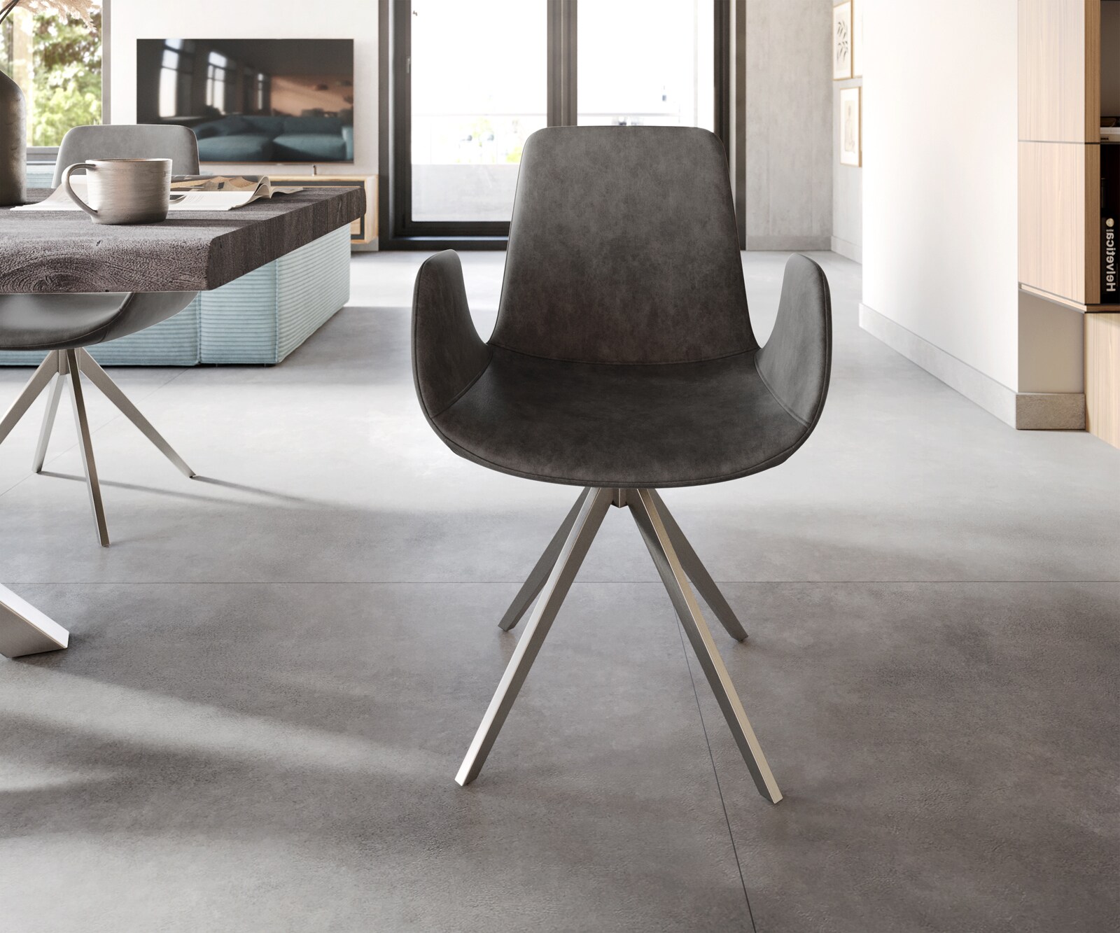 Eetkamerstoel Ilia-Flex met armleuning microvelours antraciet vintage kruisframe hoekig roestvrij staal 1 Eetkamerstoel Ilia-Flex met armleuning microvelours antraciet vintage kruisframe hoekig roestvrij staal 1