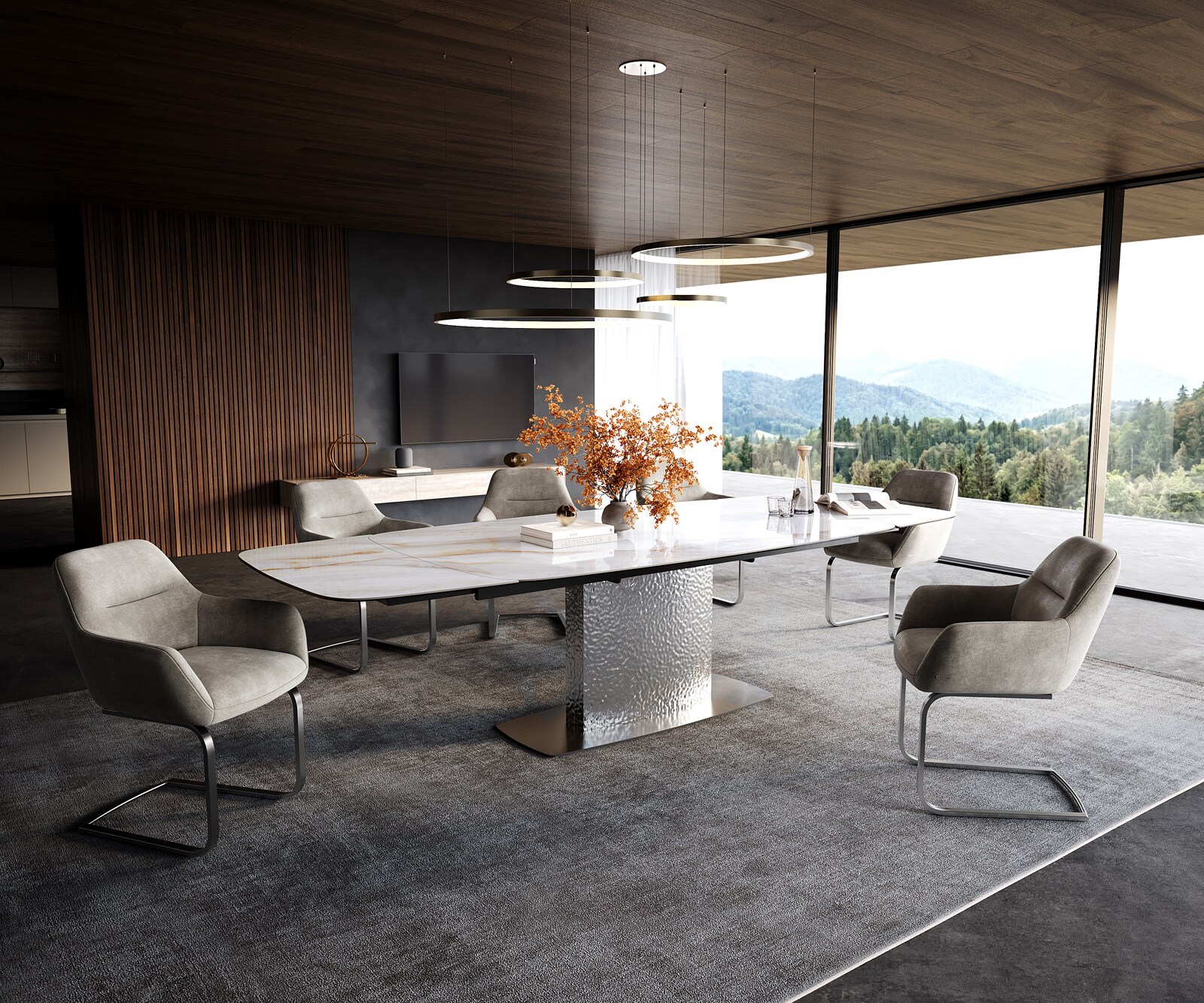 Eettafel Edge bootvorm 200-300x120 cm keramiek Onyx Pearl Wave roestvrij staal uitschuifbaar 6