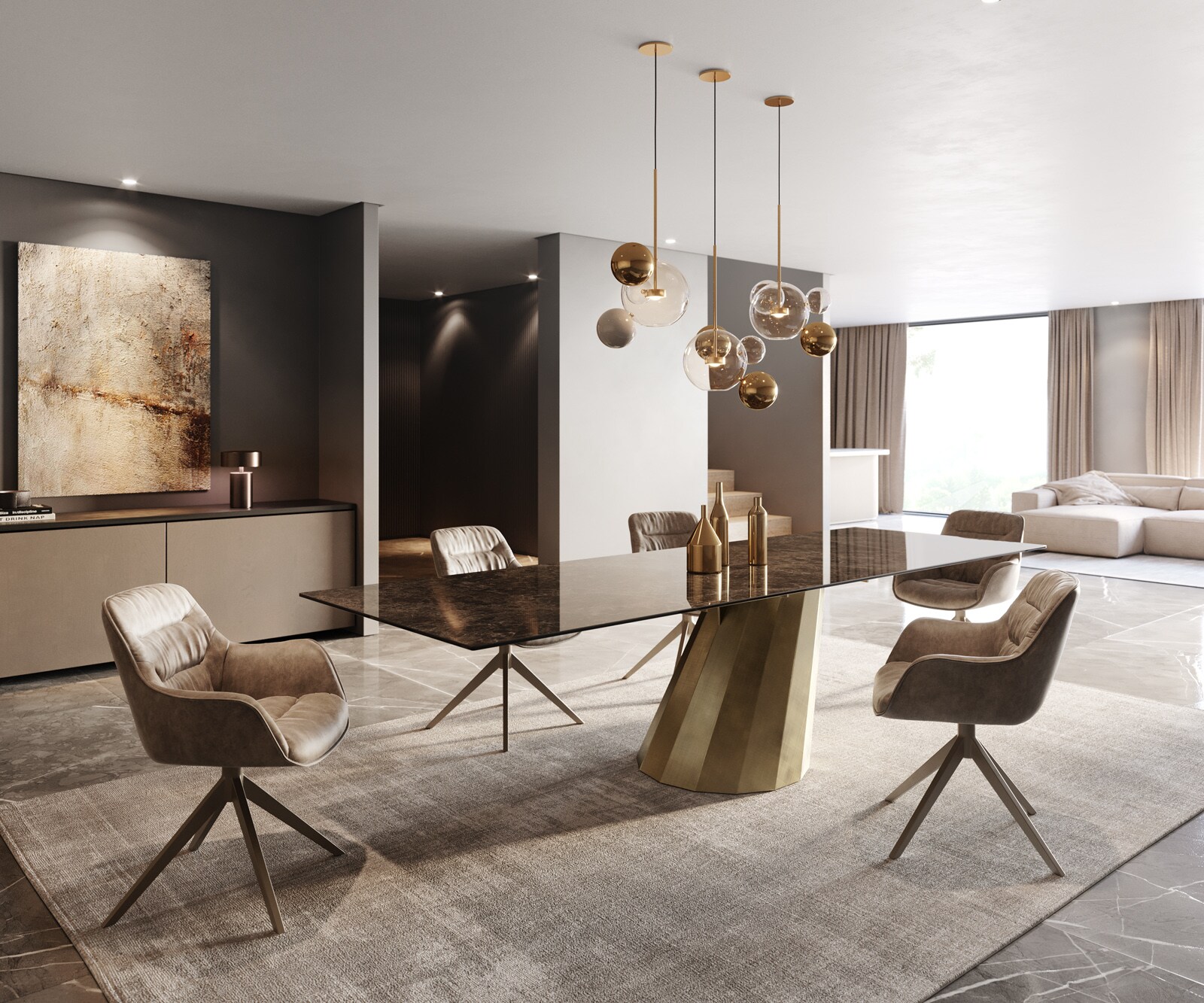 Eettafel Edge 300x100 keramiek  Laminam® Emperador Extra Lucidato donkerbruin Parabel metaal goud 6