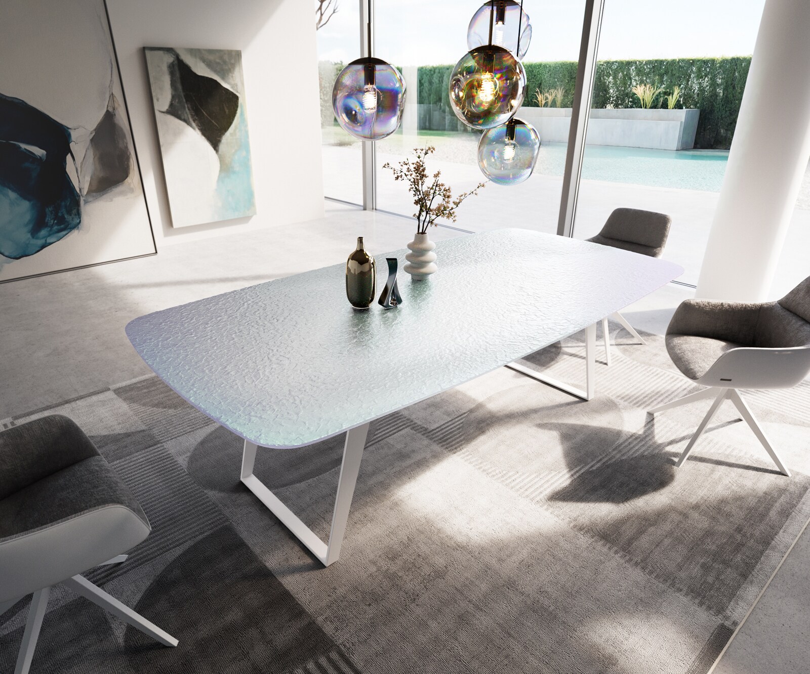 Eetkamertafel Edge Boot 240x120 cm Reliefglas Parelmoer 3D-Design Metaal Schuin Wit
