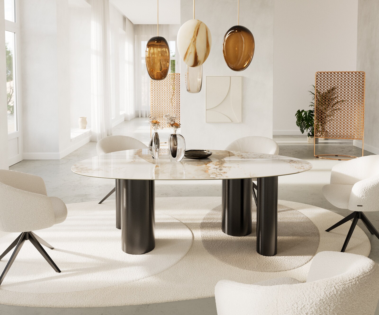Eetkamertafel Edge ovaal 220x120 keramiek Minas Melange wit-Beige Pilier roestvrij staal grafiet 2