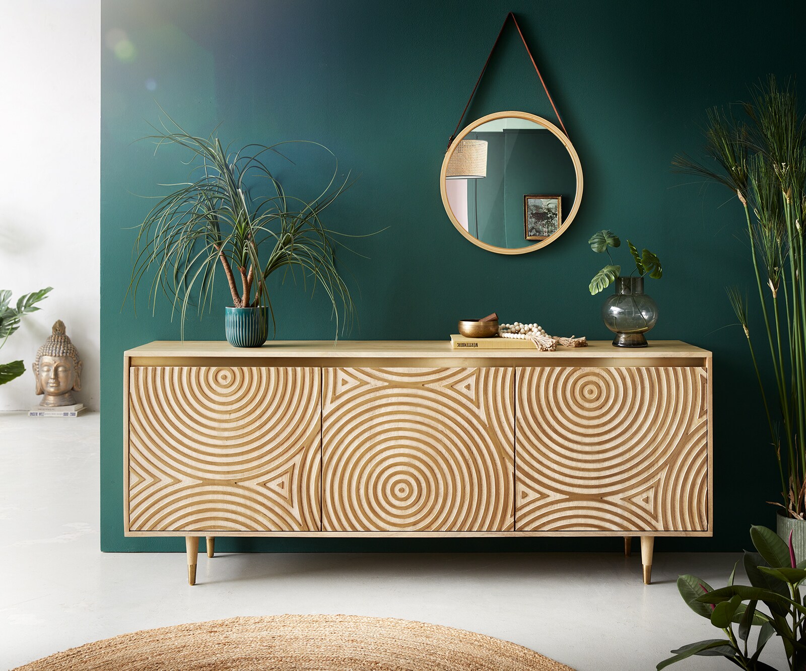 Dressoir Budaya 175 cm mango natuur 3 deurs rond onderstel 1