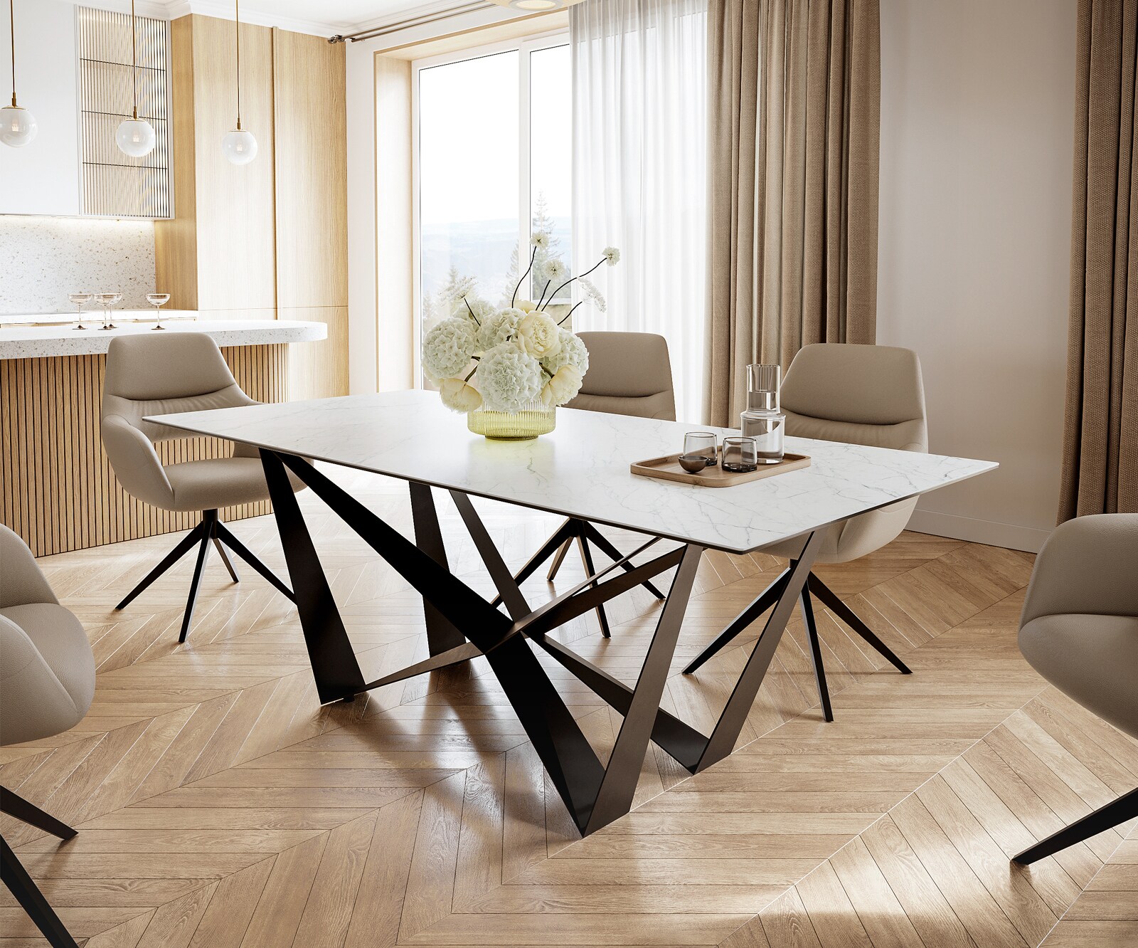 Eettafel Edge 200x100cm Laminam® keramiek wit middenpoot vlak staal zwart