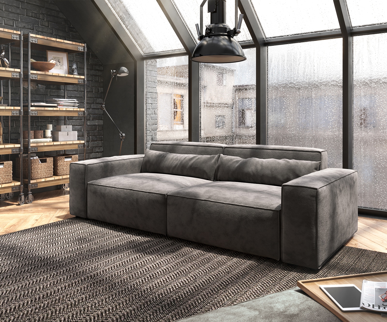 Grote bank Sirpio 230x95 cm microvezel kaki bruin met kruk Grote bank Sirpio 230x95 cm microvezel kaki bruin met kruk