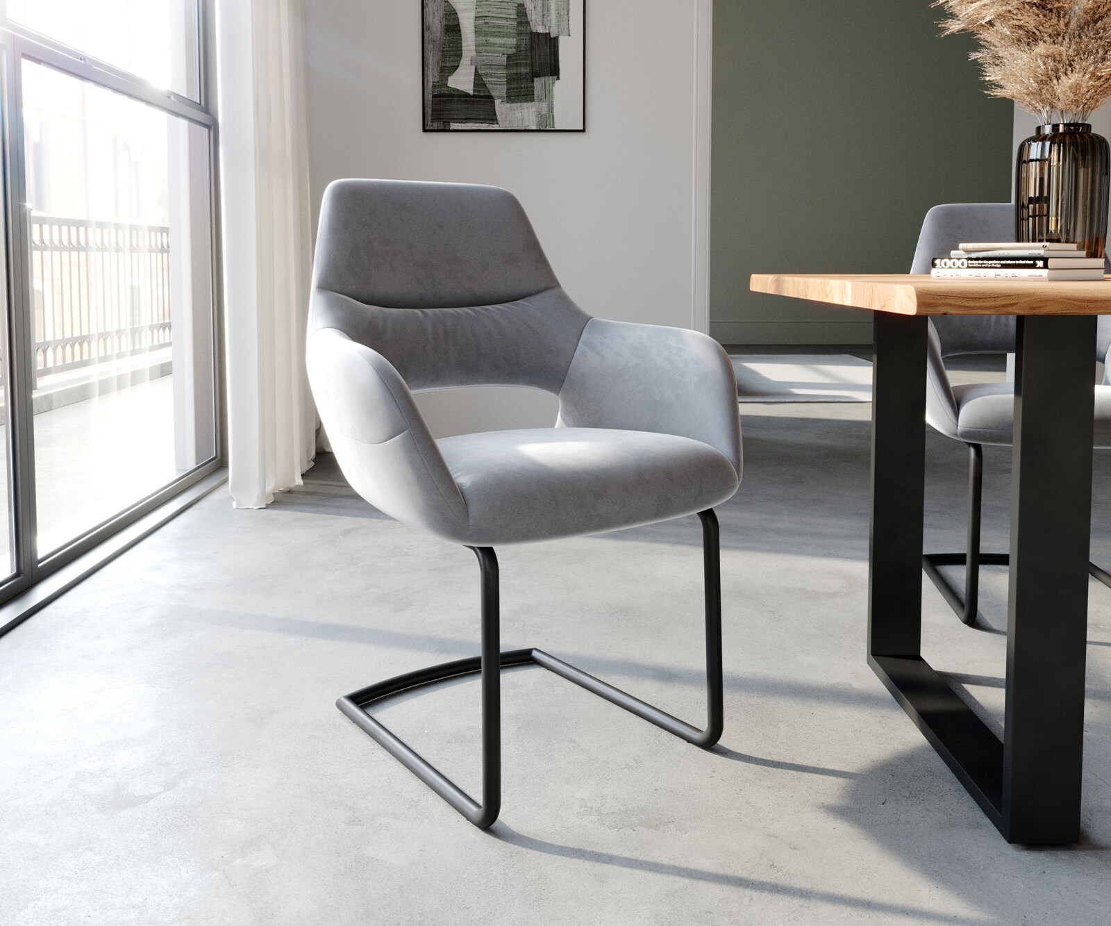 Sledemodel Yago-Flex met armleuning fluweel grijs sledemodel rond zwart pocketveer kern