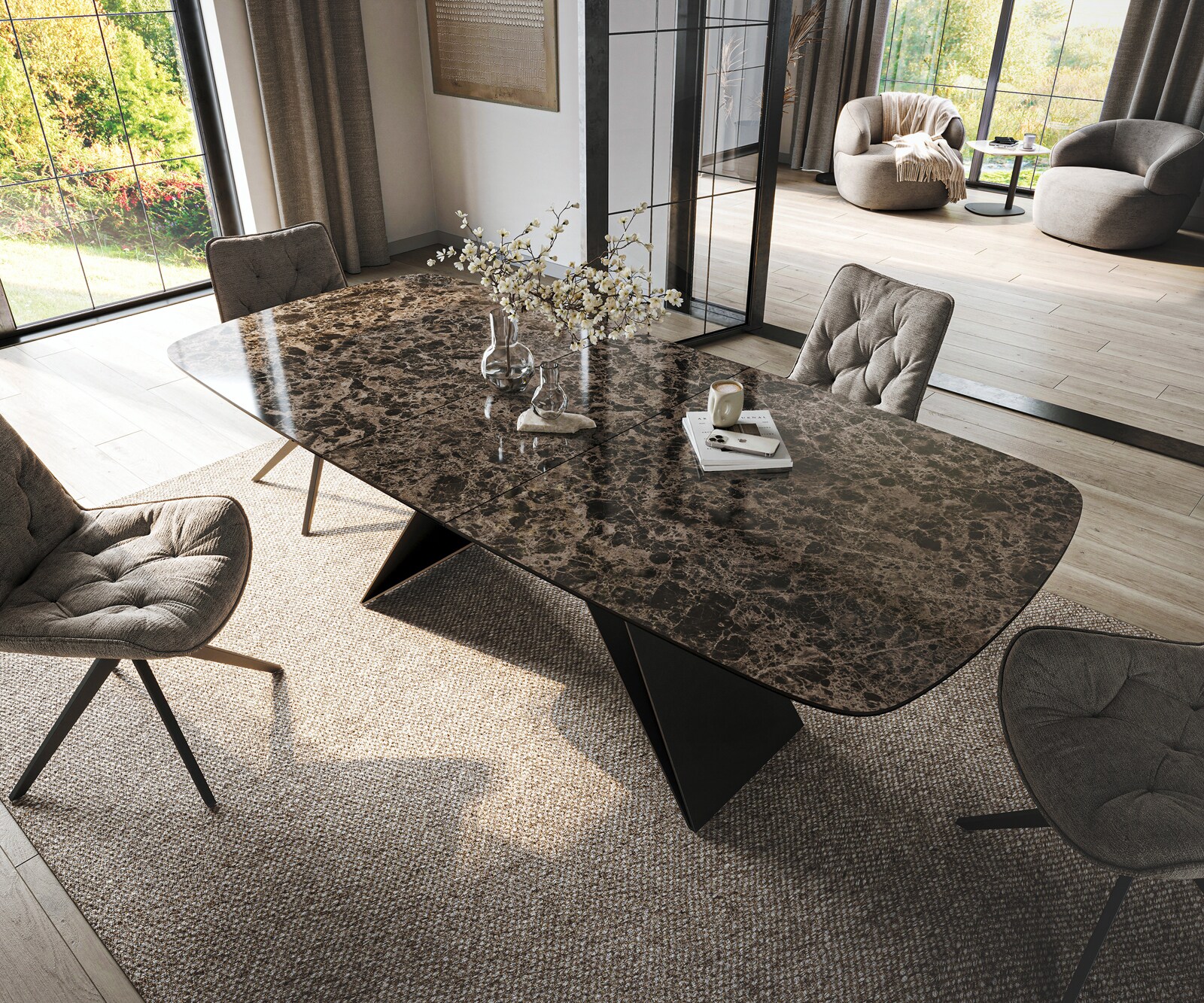 Eettafel Edge Boot 180-220x100 cm Keramiek Emperador Extra Lucidato Donkerbruin V-onderstel Platstaal Zwart uitschuifbaar 4