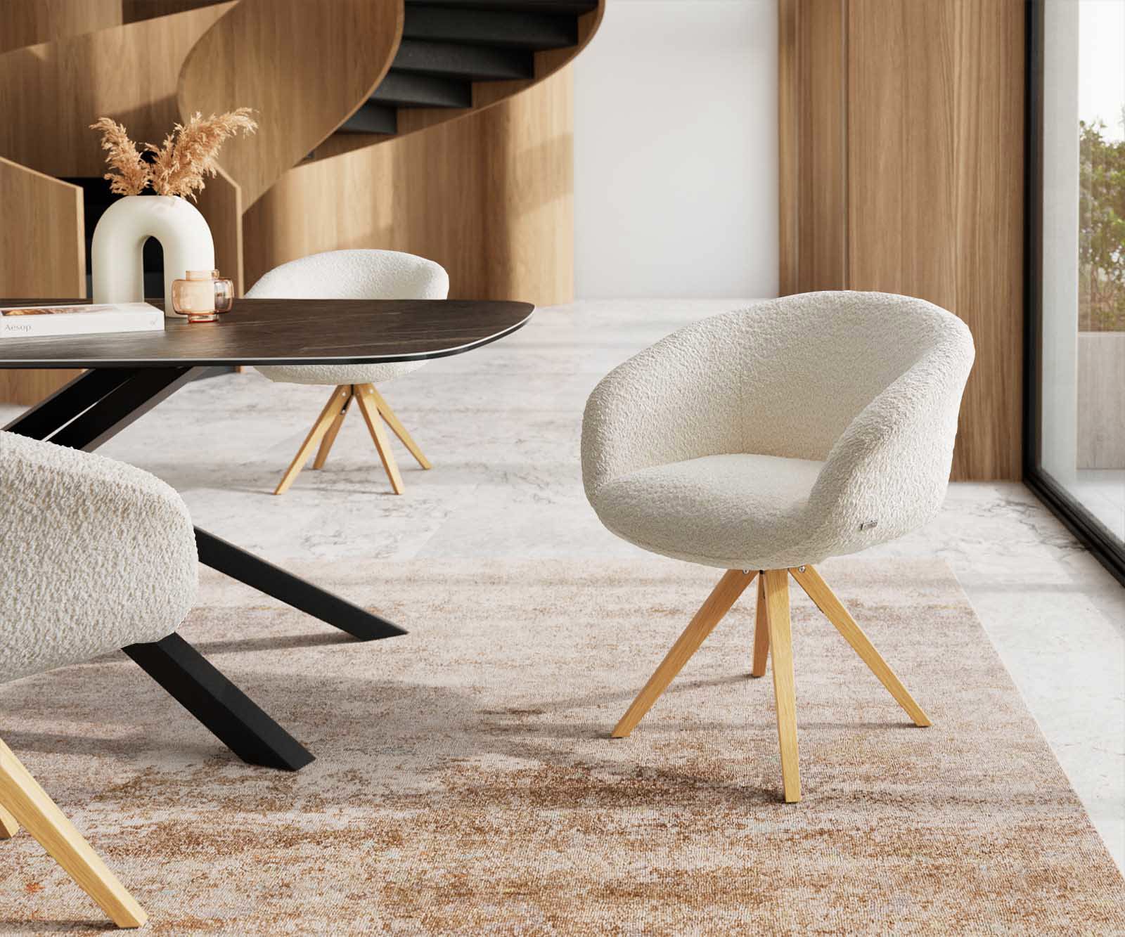 Draaistoel Vinka-Flex met armleuning bouclé wit houten frame hoekig natuur 180° draaibaar pocketveer kern