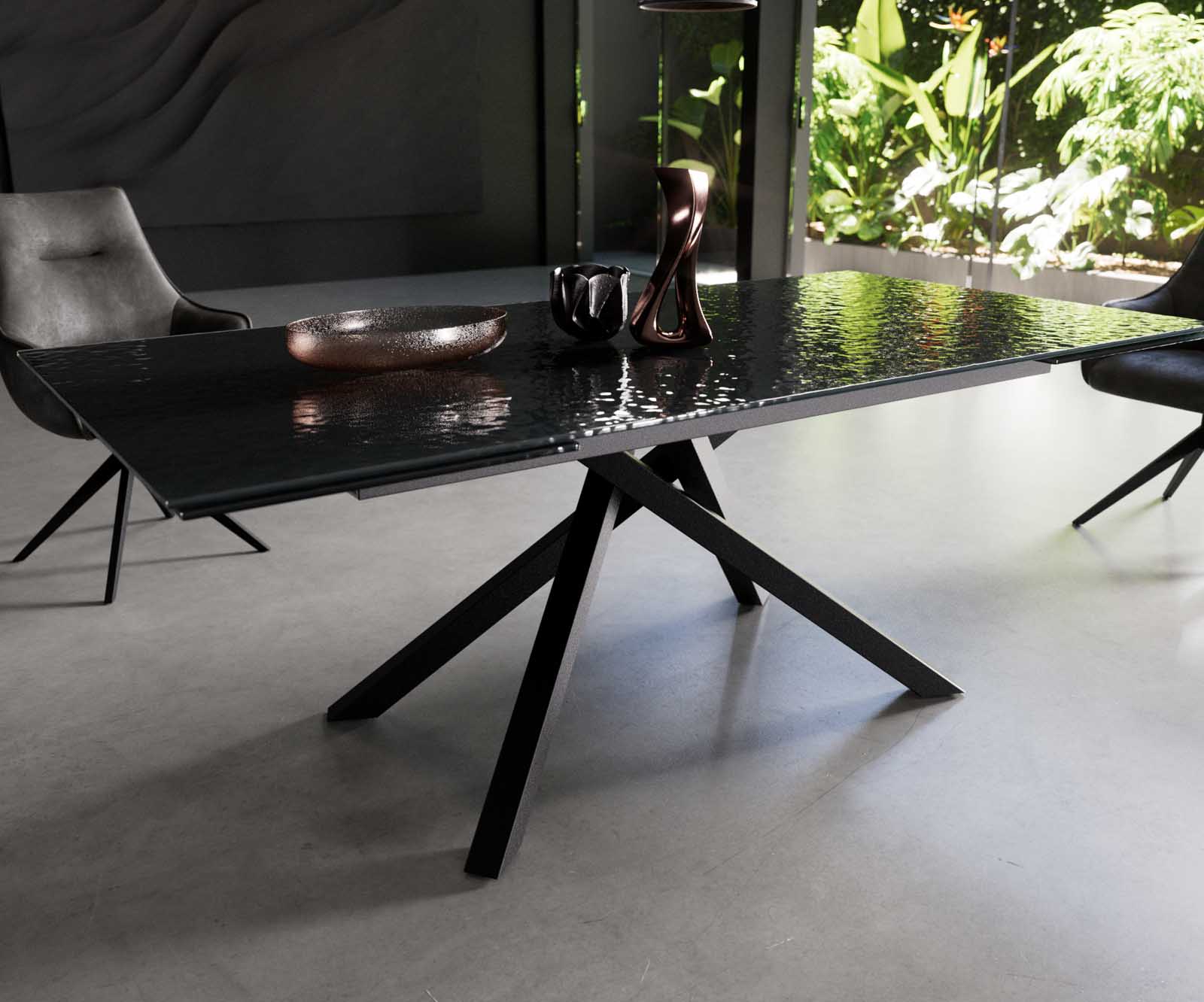 Eetkamertafel Edge 200-300x100 Glas smelten rokerig zwart 3D-Relief kruisframe rechthoek zwart uitschuifbaar 4 Eetkamertafel Edge 200-300x100 Glas smelten rokerig zwart 3D-Relief kruisframe rechthoek zwart uitschuifbaar 4