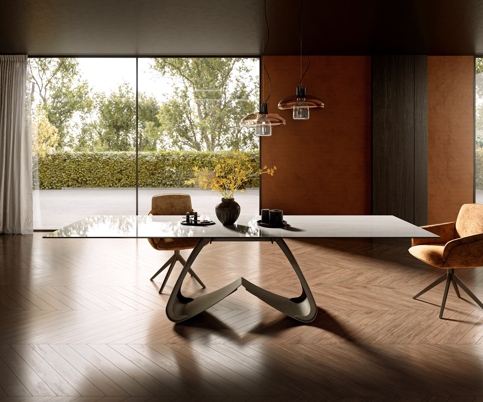 Eettafel Edge 300x100 cm keramiek Onyx Champagne W-onderstel metaal effectfinish titan 2