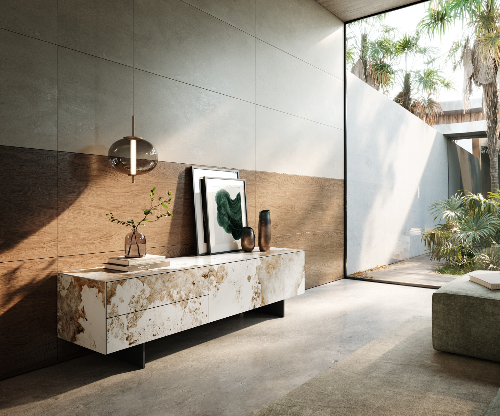 Tv-meubel Cuor 180 cm Keramiek Minas Melange Wit-beige 1 Flap 2 Laden Zwevende voet look Metaal Zwart 1