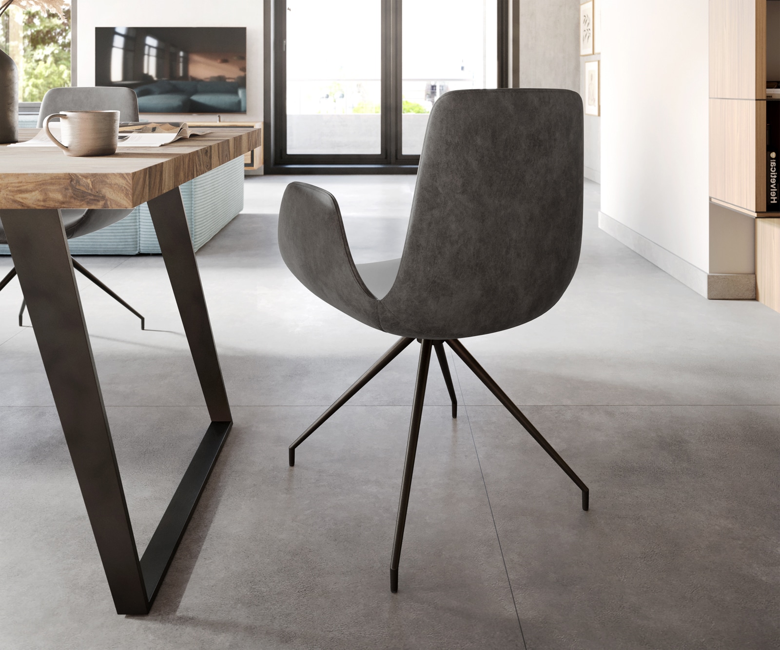 Eetkamerstoel Ilia-Flex met armleuning microvelours antraciet vintage kruisframe conisch zwart 4 Eetkamerstoel Ilia-Flex met armleuning microvelours antraciet vintage kruisframe conisch zwart 4