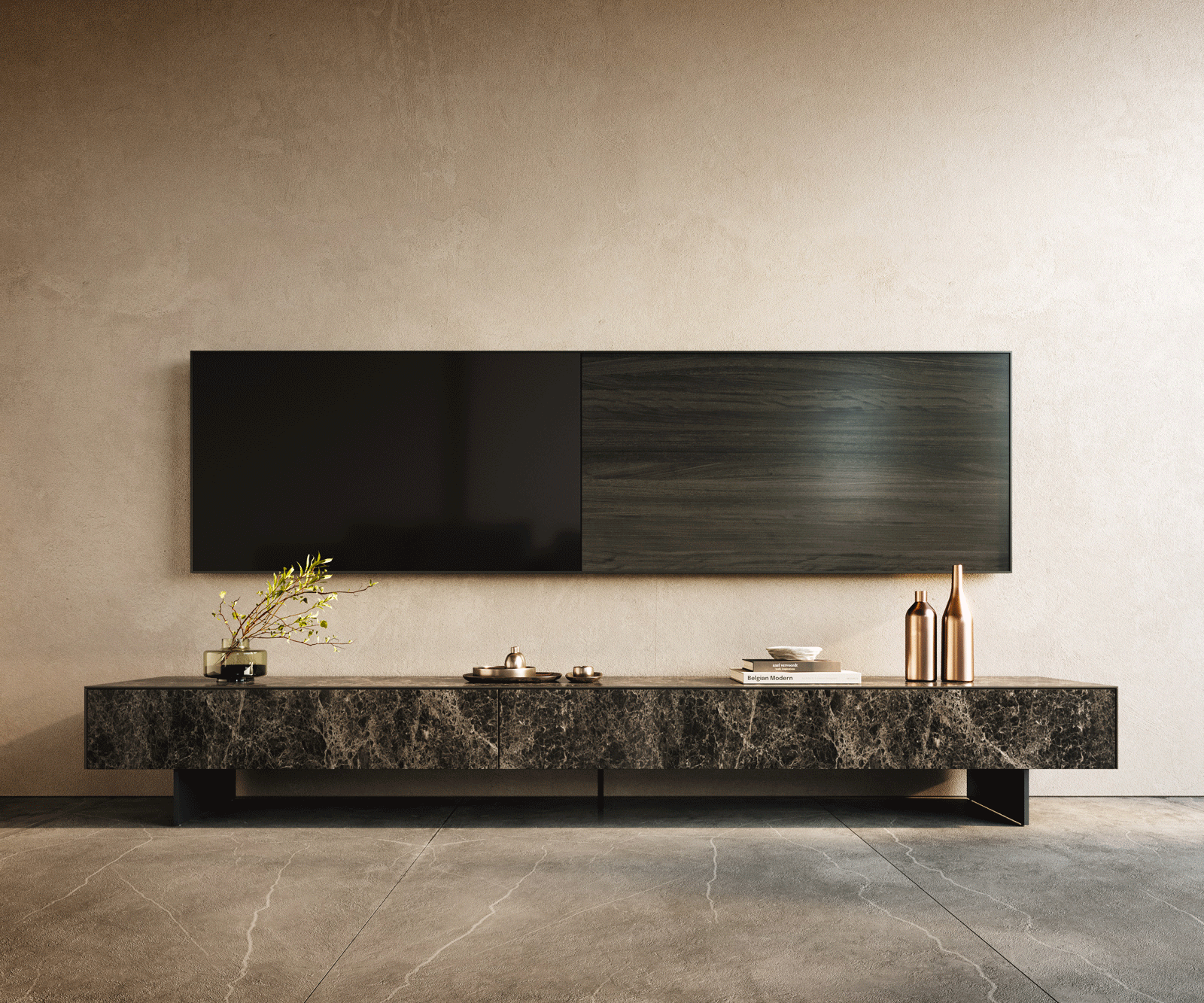 Tv-meubel Cuor 250 cm Keramiek Laminam® Emperador Extra Lucidato Donkerbruin 1 Flap 1 Lade Zwevende voet look Metaal Zwart 2
