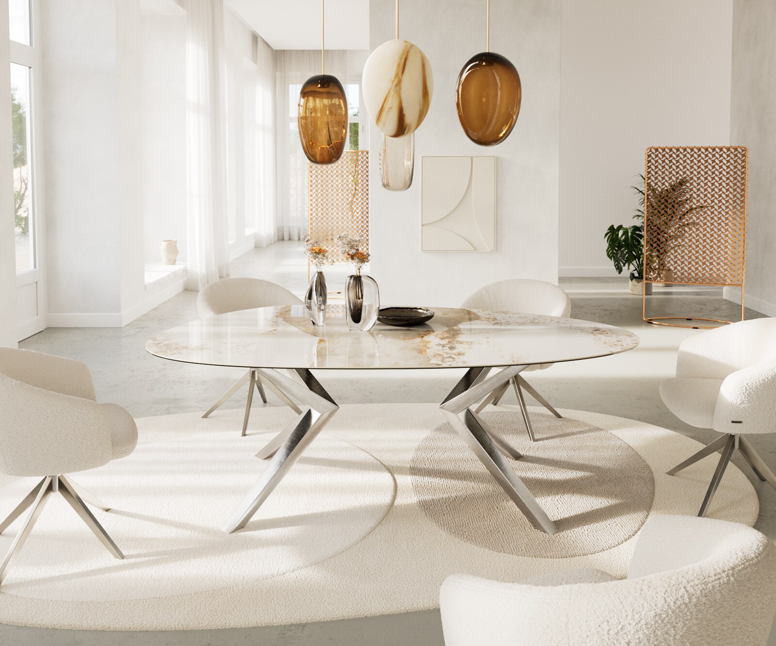 Eetkamertafel Edge ovaal 220x120 keramiek Minas Melange wit-Beige Zenthara hoekig roestvrij staal 2