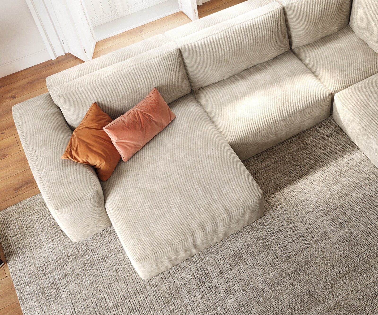 Woonlandschap Lanzo 300x210 cm ribcord beige met variabele recamière en hocker 3