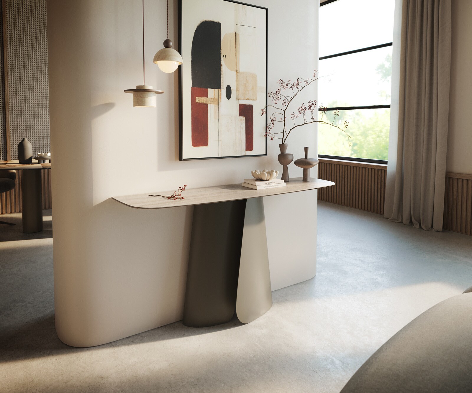 Consoletafel Edge Bootvorm 140x40 cm Keramiek Laminam® Travertino Bianco Creme-Weiß Livos Metaal Effektfinish Titan 4