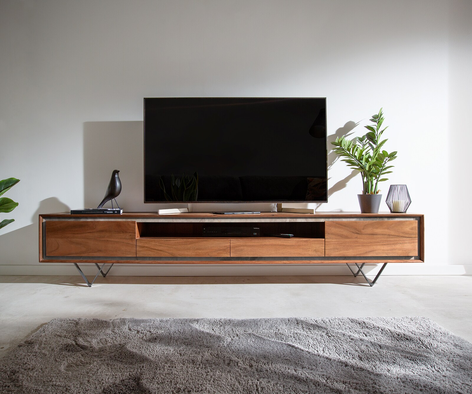Tv-meubel Stonegrace 240 cm acacia bruin 2 deuren 2 laden 1 legplank steenfineer V-poot zwart 1