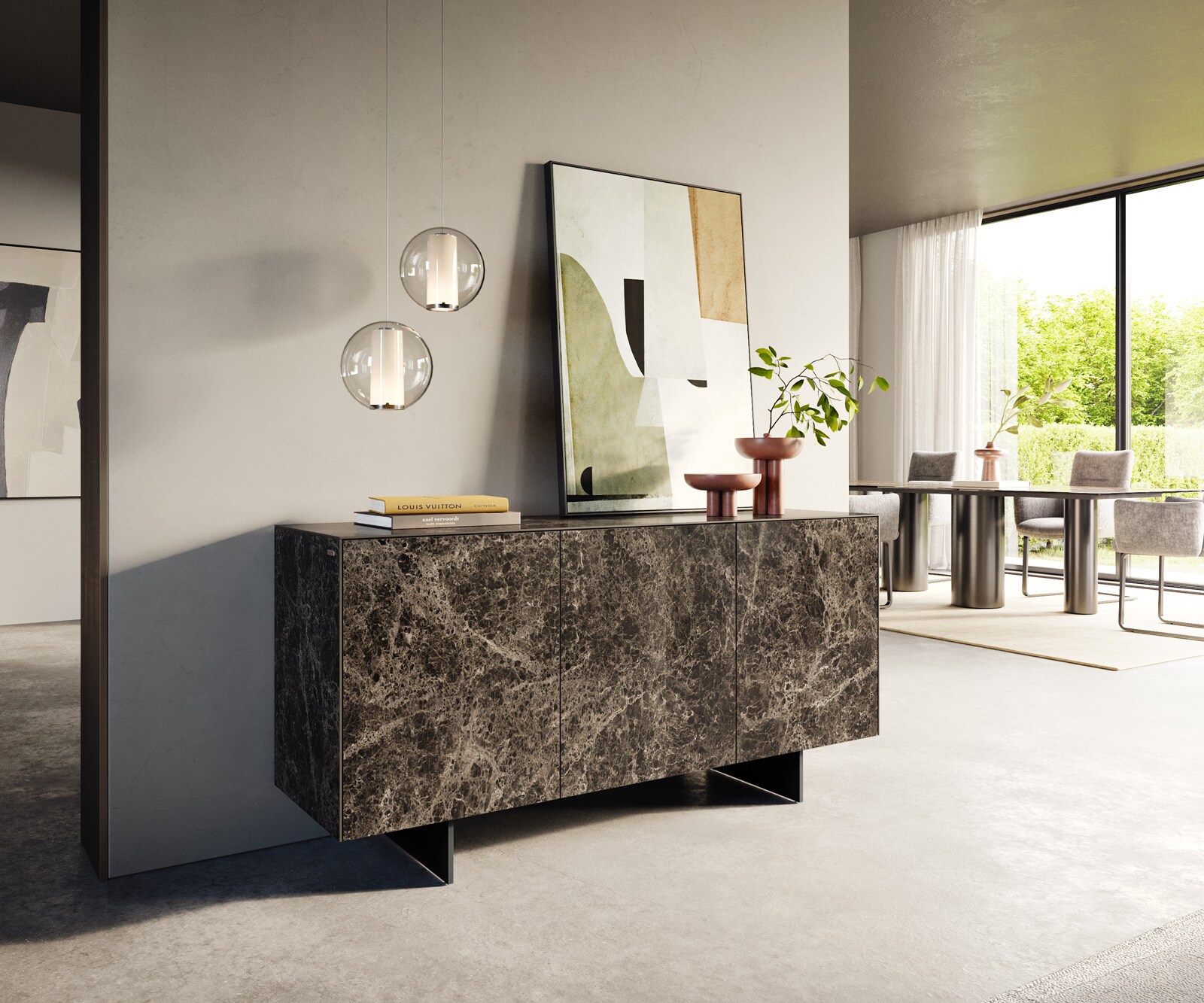 Dressoir Cuor 150 cm Keramiek Emperador Extra Lucidato Donkerbruin 3 Deuren Zwevende voet look Metaal Zwart 1