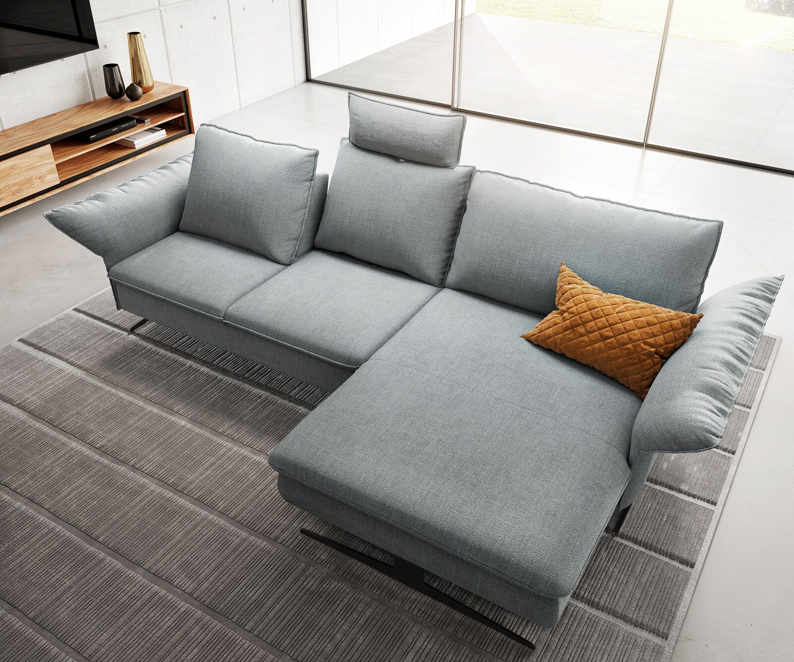 Eckcouch Nerio vlak geweven stof pastelblauw 300 x 190 cm recamière rechts 6