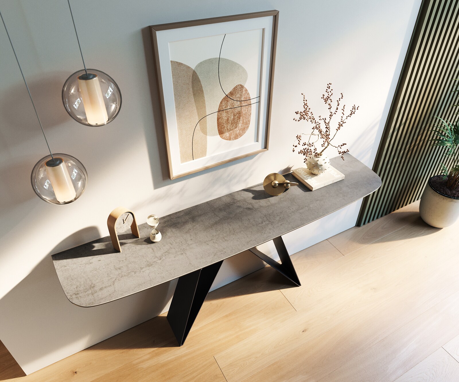Consoletafel Edge Bootvorm 180x40 cm Keramiek Betongrijs Velio Metaal Zwart 4