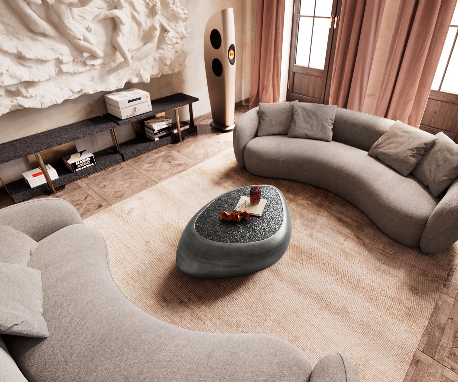 Sagana salontafel 120x80 cm metallic zilver met grijs reliëfglas 5 Sagana salontafel 120x80 cm metallic zilver met grijs reliëfglas 5