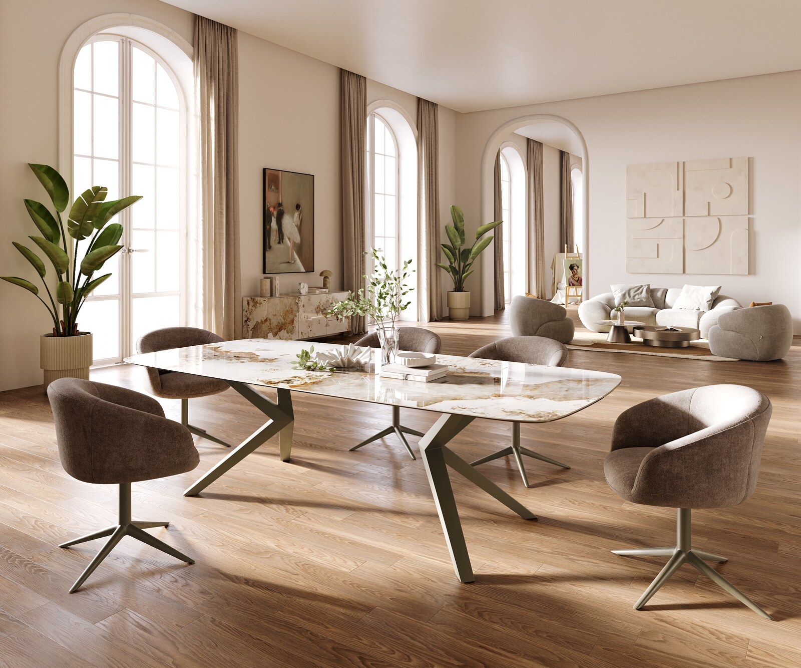 Eettafel Edge Boot 260x120 cm Keramiek Minas Melange Wit-Beige Zenthara kantik Metaal Effectafwerking Titan 6