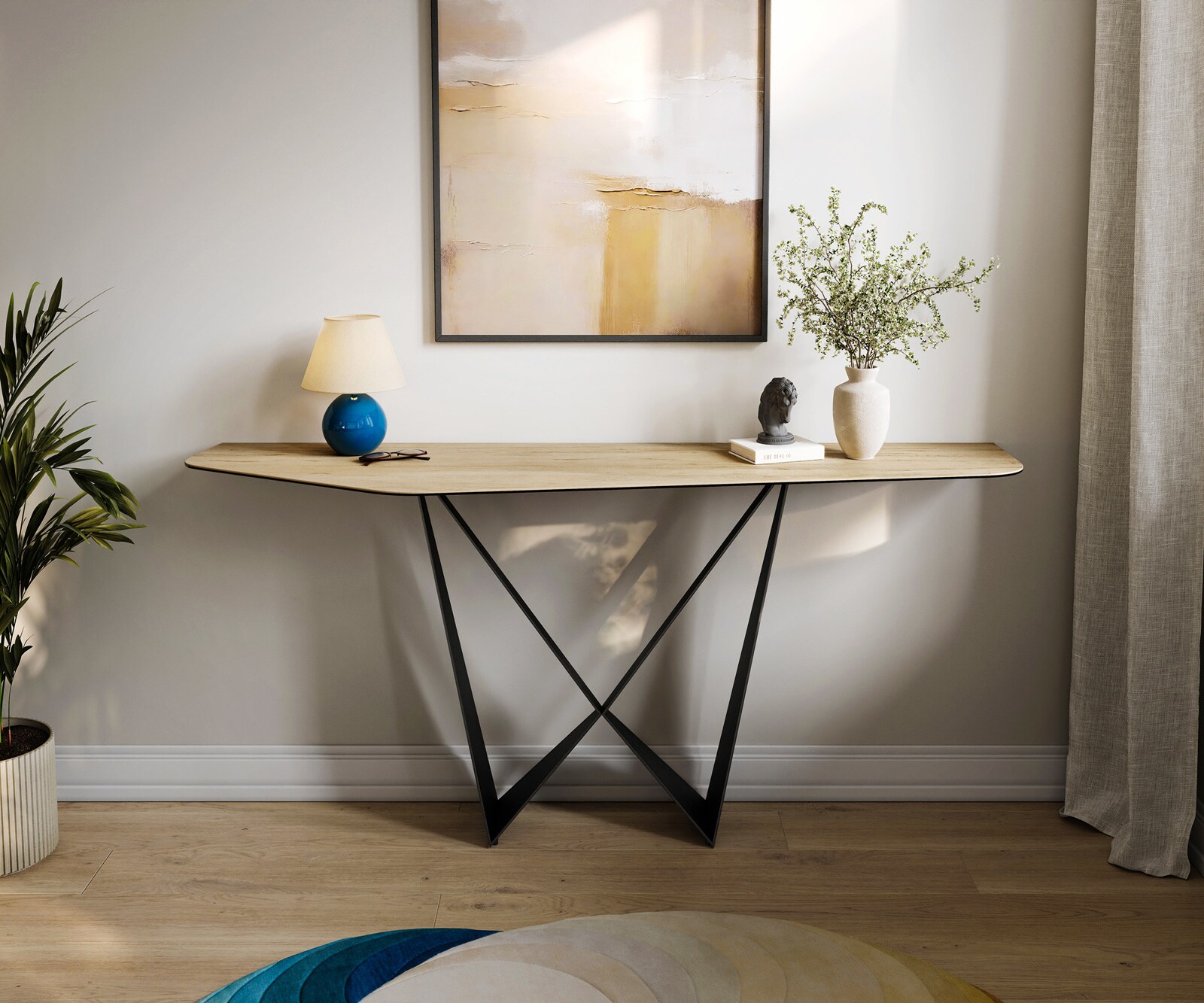 Consoletafel Edge Polygonaal 180x50 cm Keramiek Laminam® Sabbia Eichefarbig Spios Metaal Zwart 4