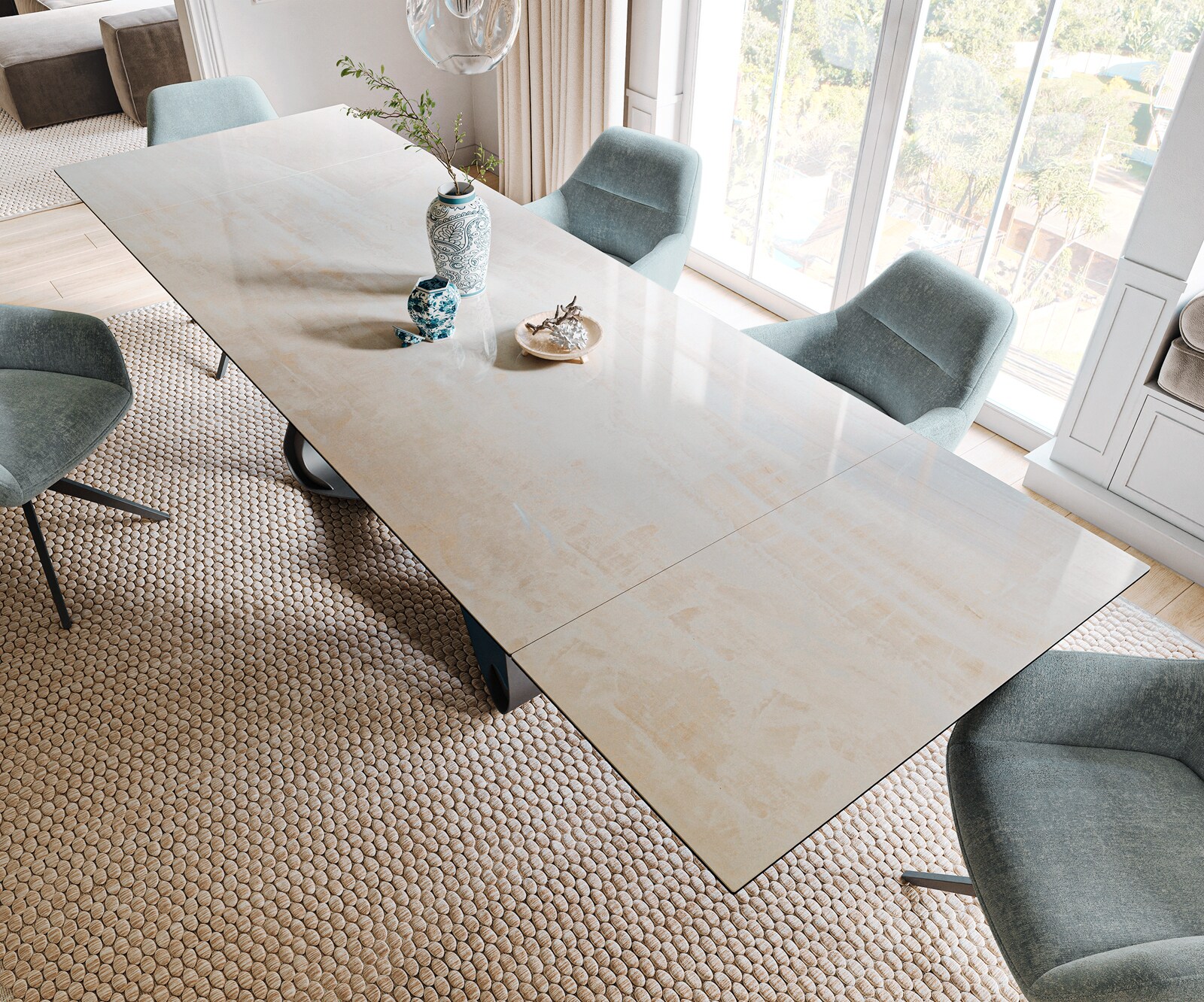 Eettafel Edge 200-300x100 cm keramiek Onyx Champagne W-onderstel metaal zwart uittrekbaar 4