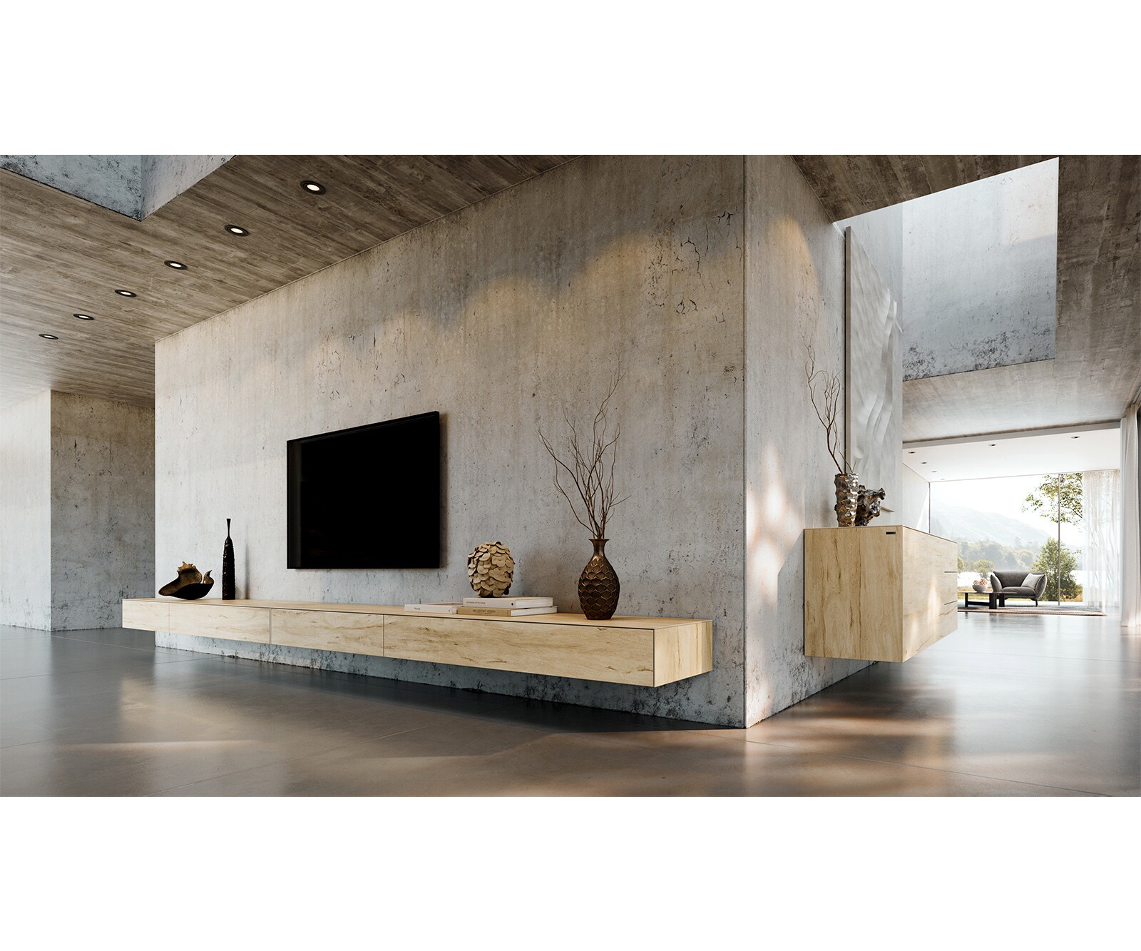 Tv-meubel Cuor 200 cm Keramiek Laminam® Sabbia Eiken gekleurd 1 Flap 1 Lade Zwevende voet look Roestvrij staal 6