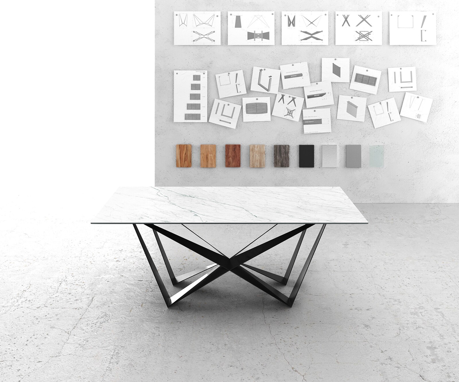 Eettafel Edge 200x100cm Laminam® keramiek wit middenpoot vlak staal zwart 1