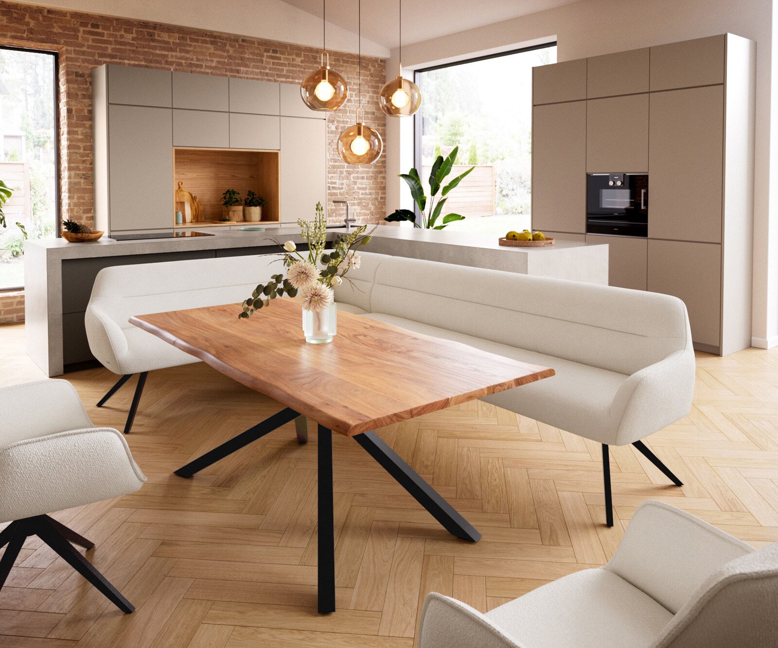 Eetkamerbank Taya-Flex 285x190 cm bouclé crème-wit hoekig kruisframe zwart pocketvering rechts 1