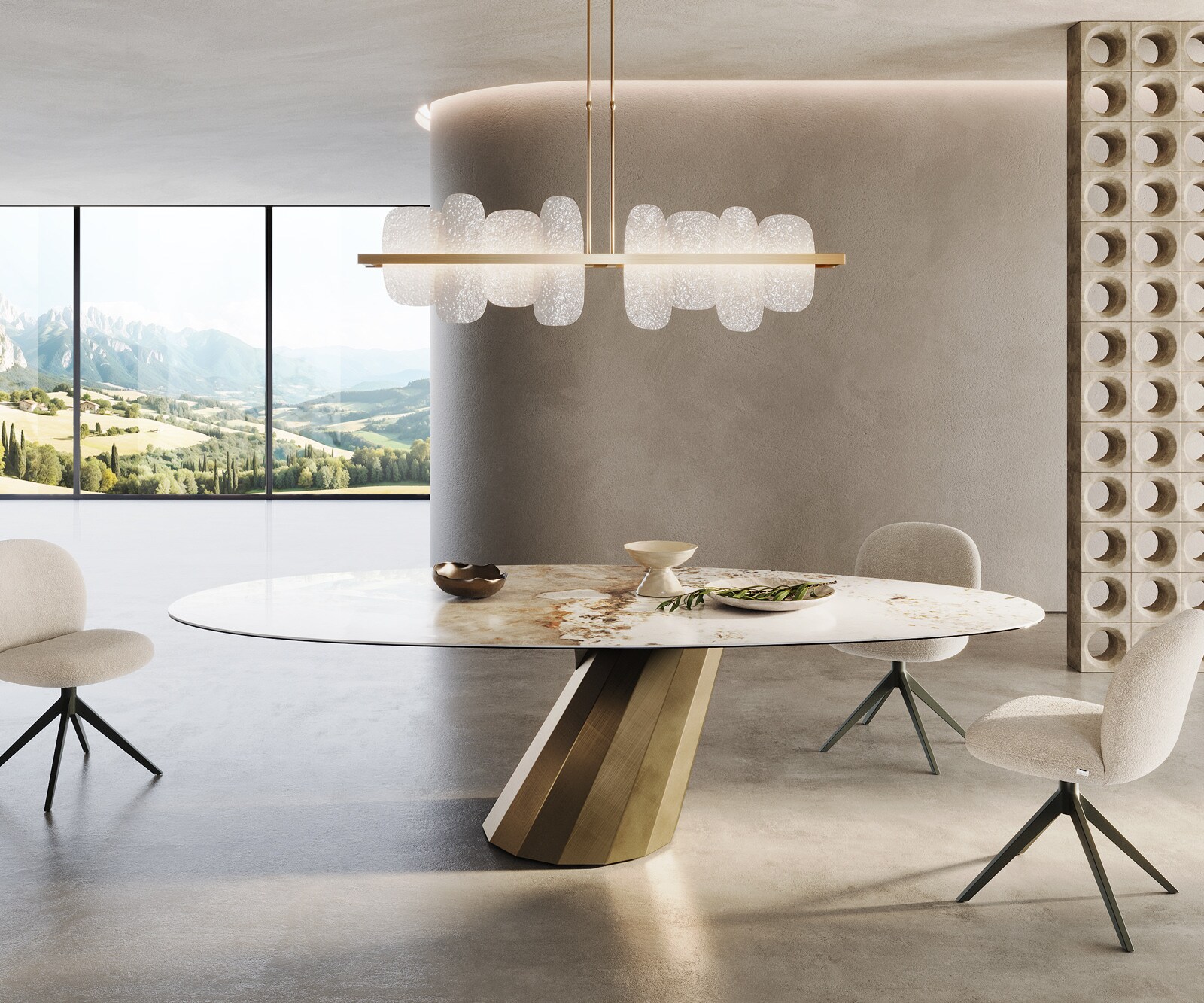 Eettafel Edge Oval 280x130 keramiek  Minas Melange wit-beige  Parabel metaal goud 1