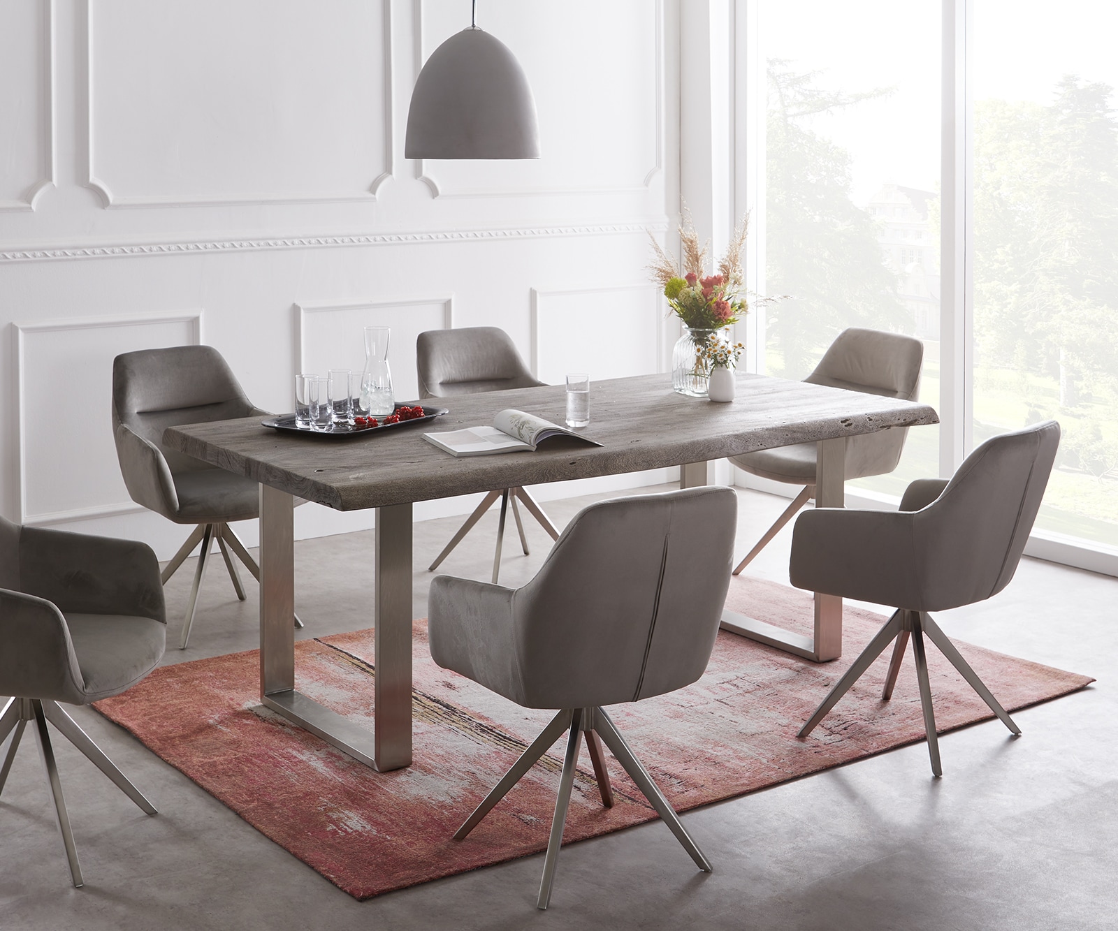 Eettafel Edge 180x90 XL acacia platina roestvrijstaal smal Live-Edge 1