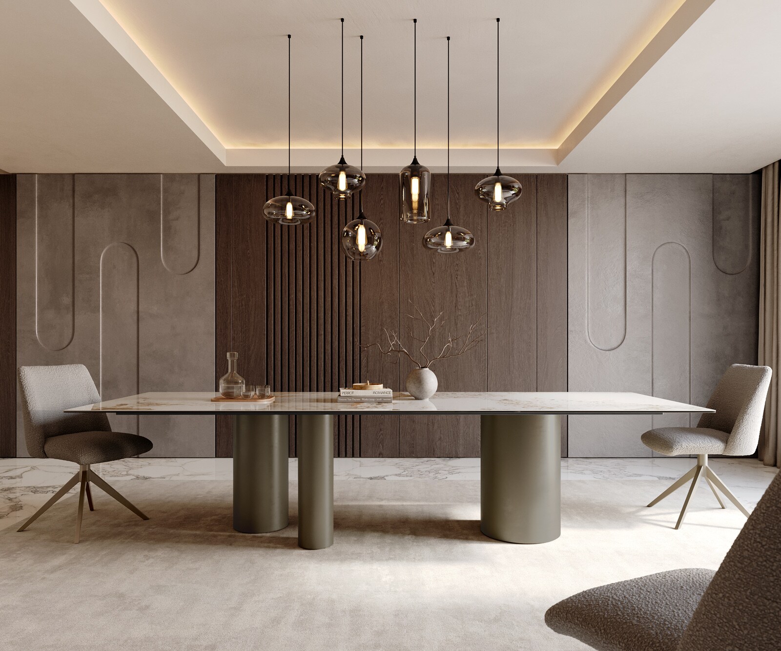Eetkamertafel Edge 300x100 keramiek Minas Melange wit-Beige Troa metaal effectafwerking titaan 2