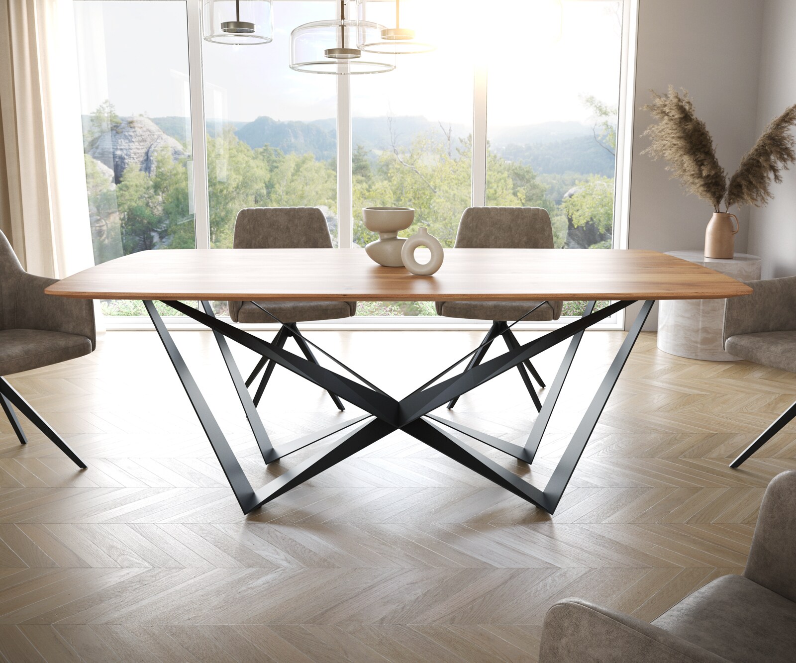 Eettafel Edge Boot 200x100 acacia natuur Spider staal  zwart  Schweizer Kante 2