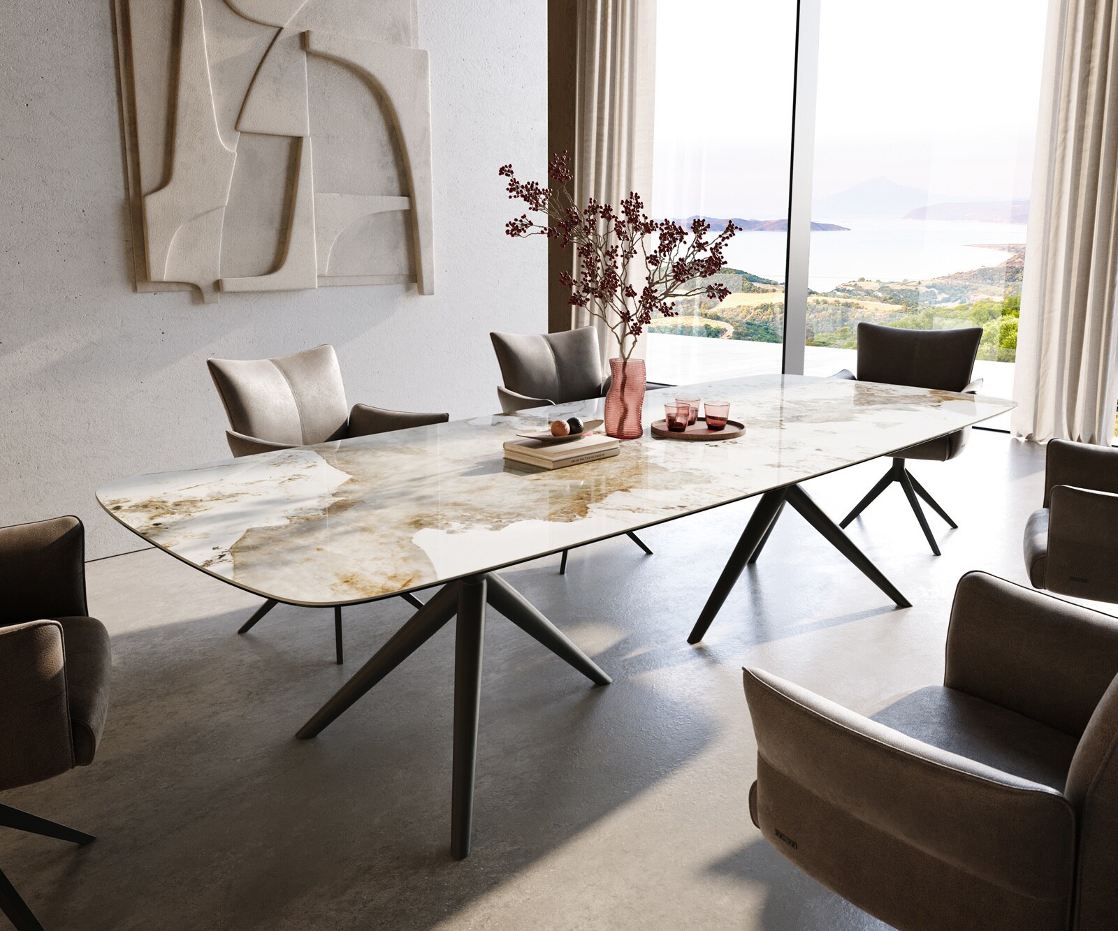 Eettafel Edge Boot 300x120 cm Keramiek Minas Melange Wit-Beige Estelar rond Metaal Zwart 1