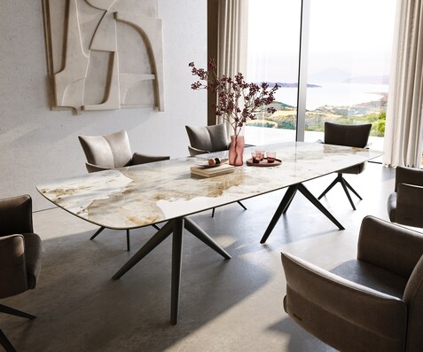 Eettafel Edge Boot 300x120 cm Keramiek Minas Melange Wit-Beige Estelar rond Metaal Zwart