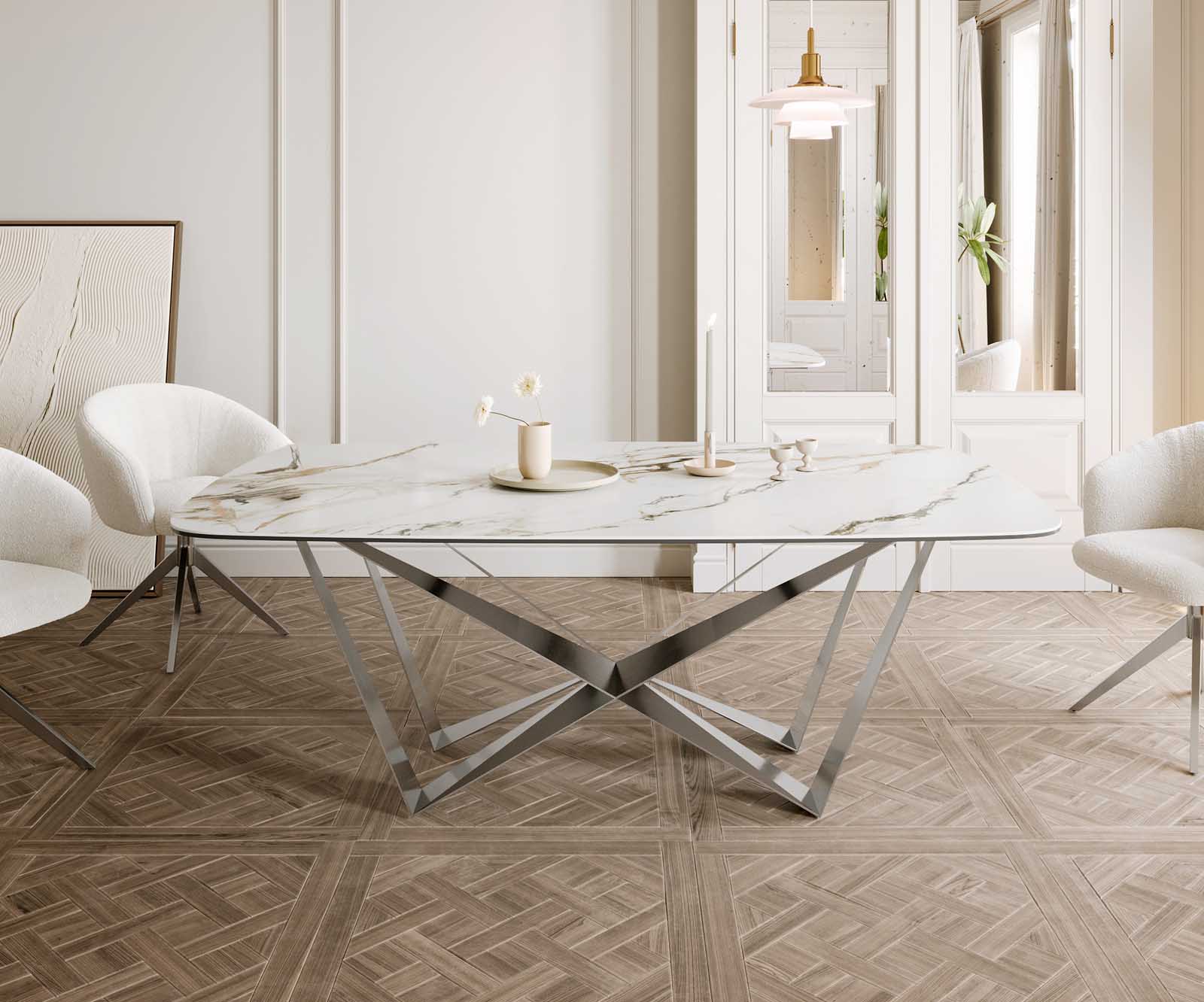 Eetkamertafel Edge Boot 200x100 keramiek Calacatta Luxe wit-goud-grijs spider vlak staal RVS 1