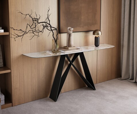 Consoletafel Edge Bootvorm 180x40 cm Keramiek Minas Melange Weiß-Beige Velio Metaal Zwart