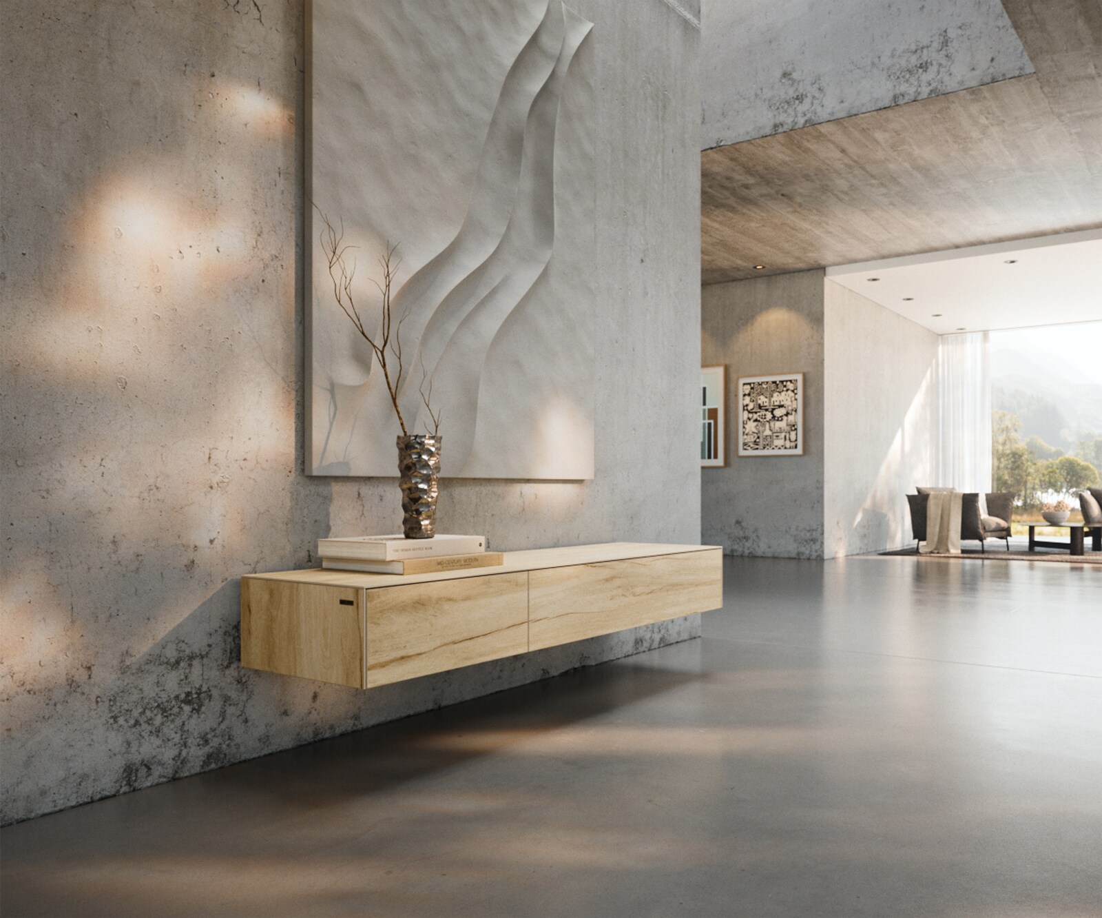 Tv-meubel Cuor 150 cm Keramiek Laminam® Sabbia Eiken gekleurd 1 Flap 1 Lade Zwevend