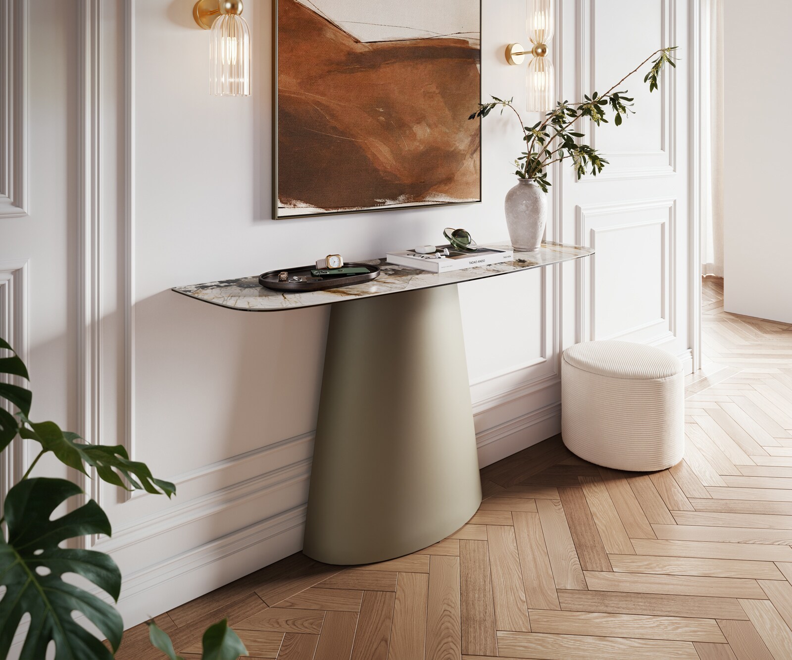 Consoletafel Edge Bootvorm 140x40 cm Keramiek Patagonia Poliert Conos Metaal Effektfinish Titan 2