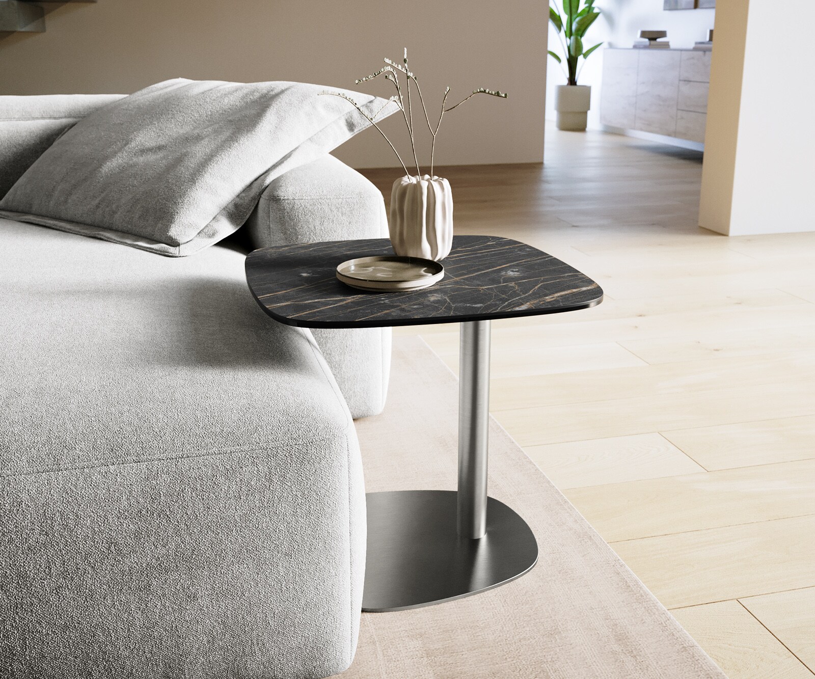 Bijzettafel Edge Boot 50x50 cm keramiek Laminam® Noir Desir bruin Eleny geborsteld roestvrij staal 1