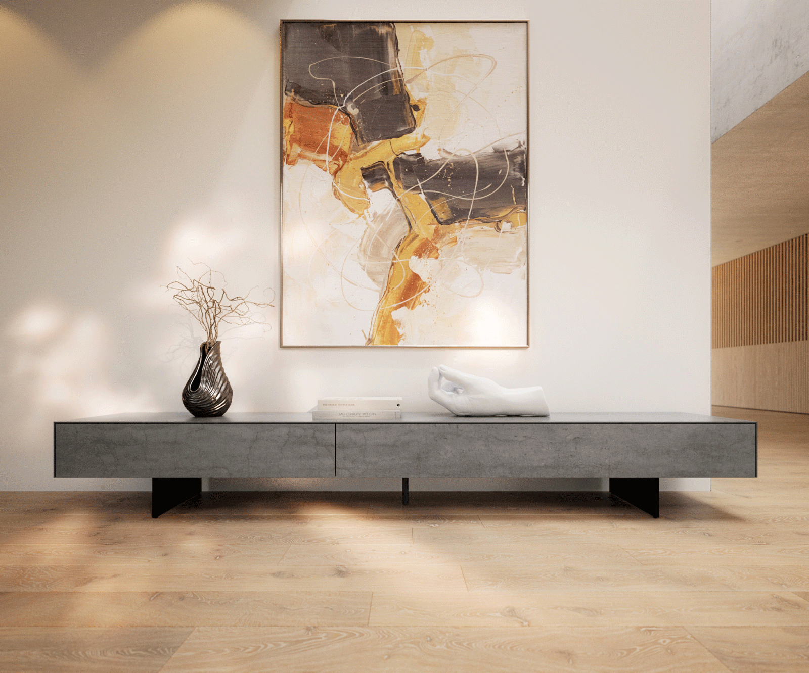 Tv-meubel Cuor 250 cm Keramiek Beton Grijs 1 Flap 1 Laden Zwevende voet look Metaal Zwart 2