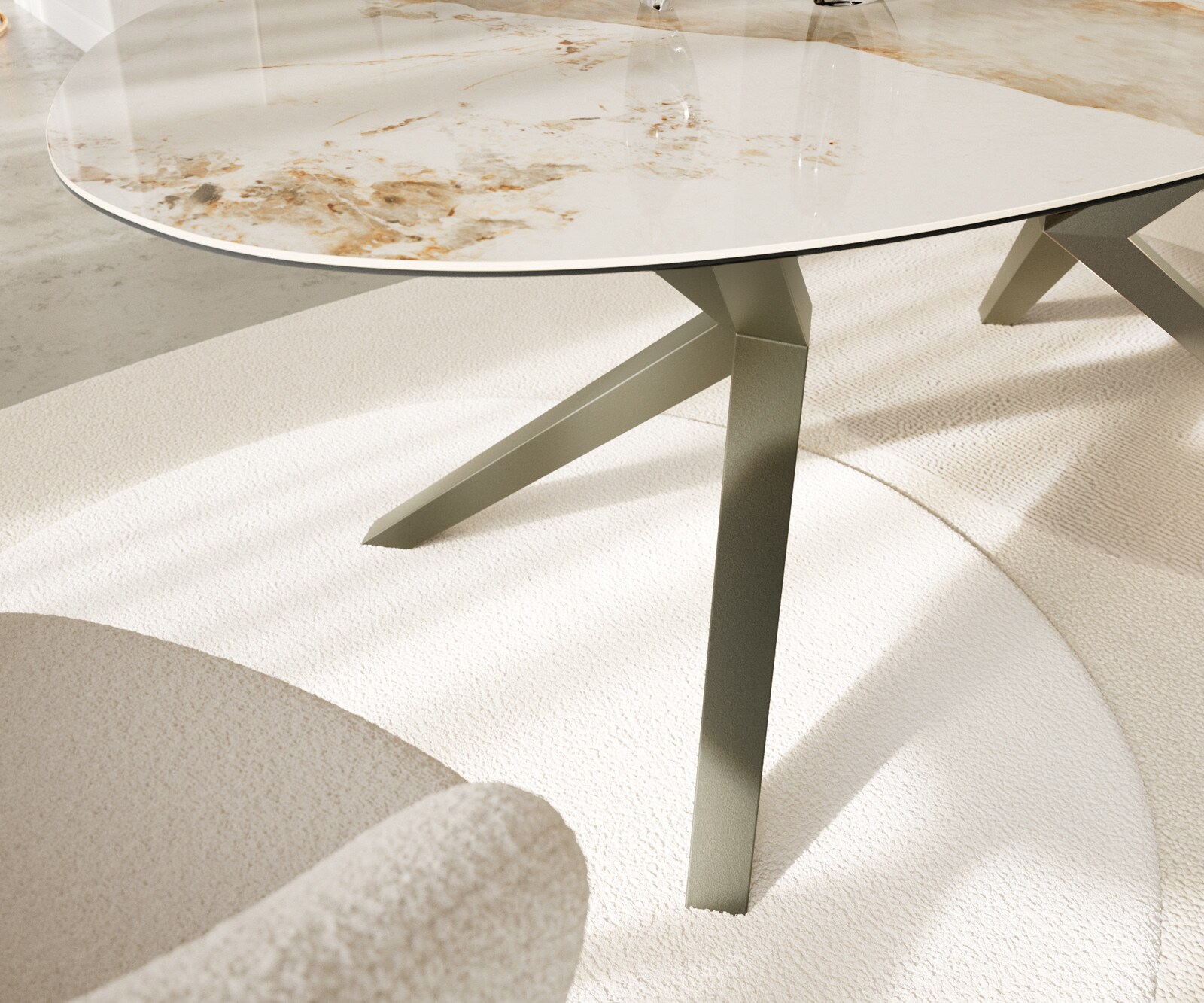 Eetkamertafel Edge ovaal 220x120 keramiek Minas Melange wit-Beige Zenthara hoekig metaal effectafwerking titaan 5