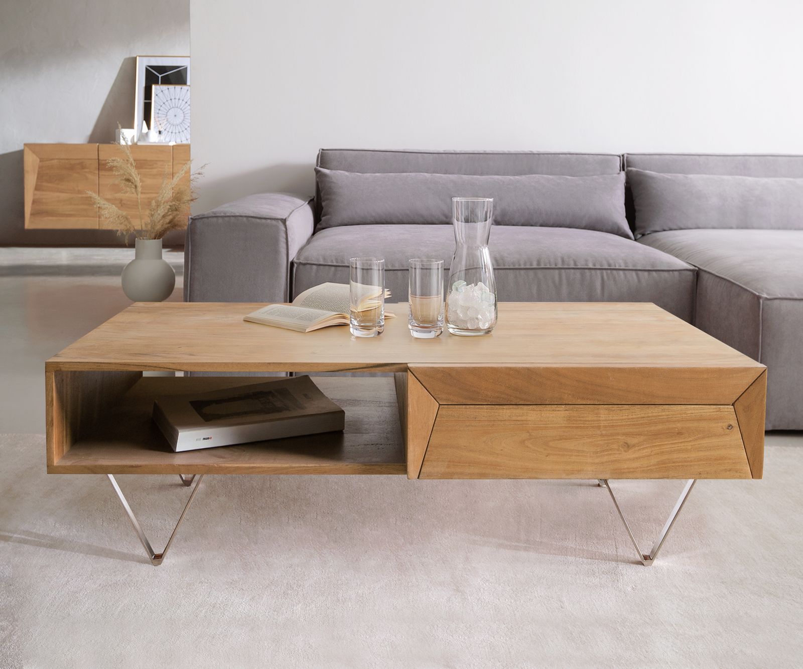 Salontafel Kayu 115x60 cm acacia natuur 2 laden V-poot 1 Salontafel Kayu 115x60 cm acacia natuur 2 laden V-poot 1